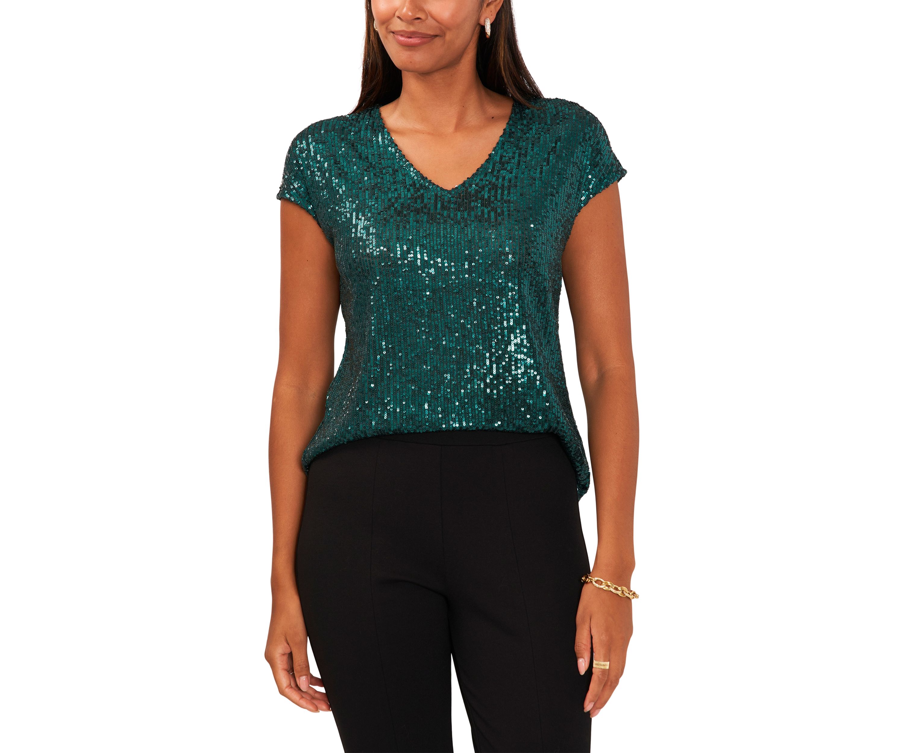 Womens Sequin V-Neck Short Sleeve Top