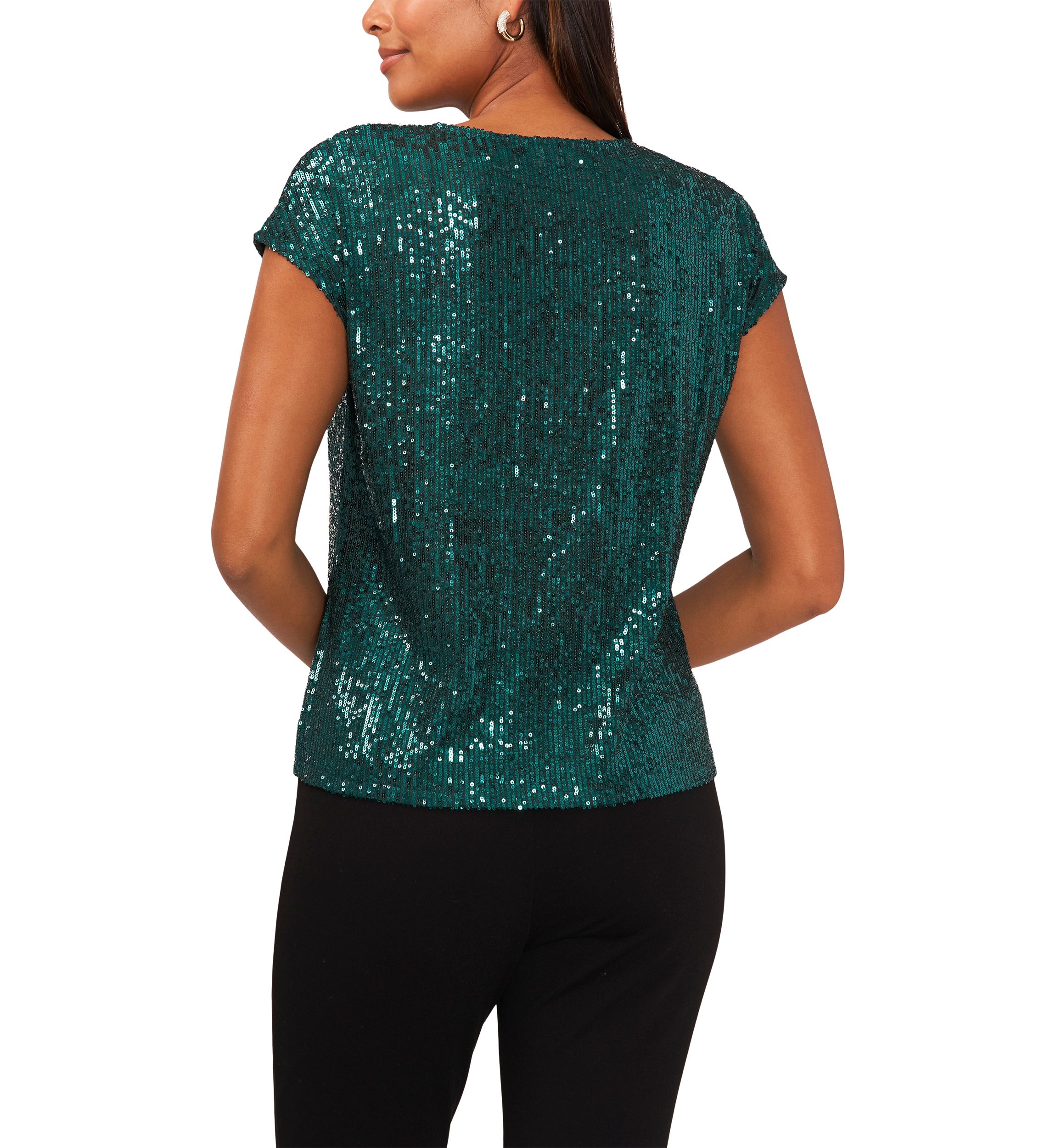 Womens Sequin V-Neck Short Sleeve Top