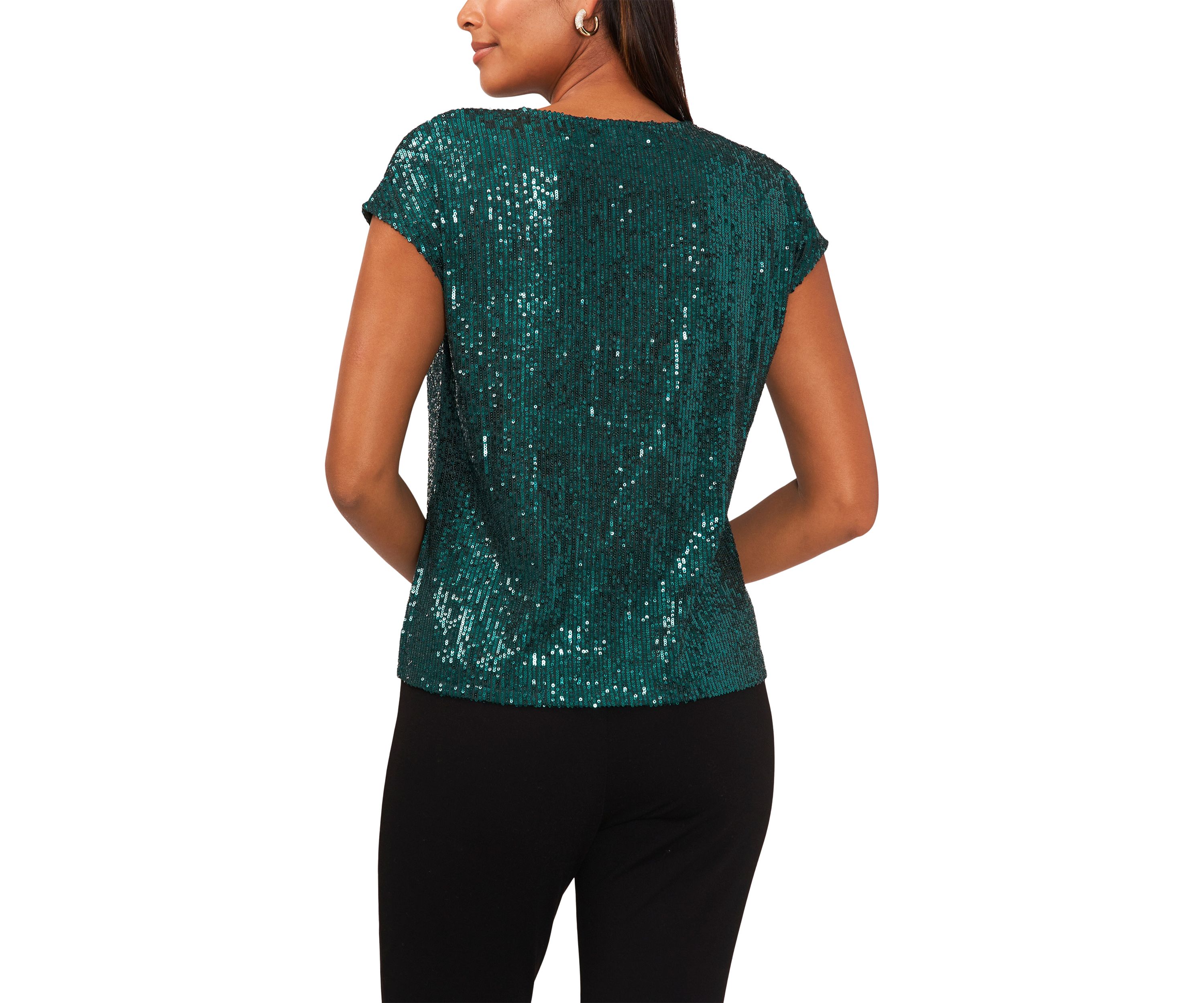 Womens Sequin V-Neck Short Sleeve Top