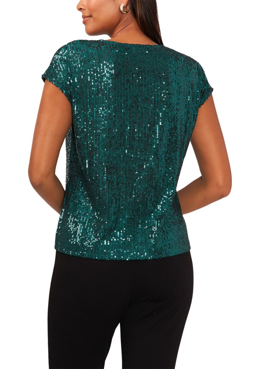 Womens Sequin V-Neck Short Sleeve Top
