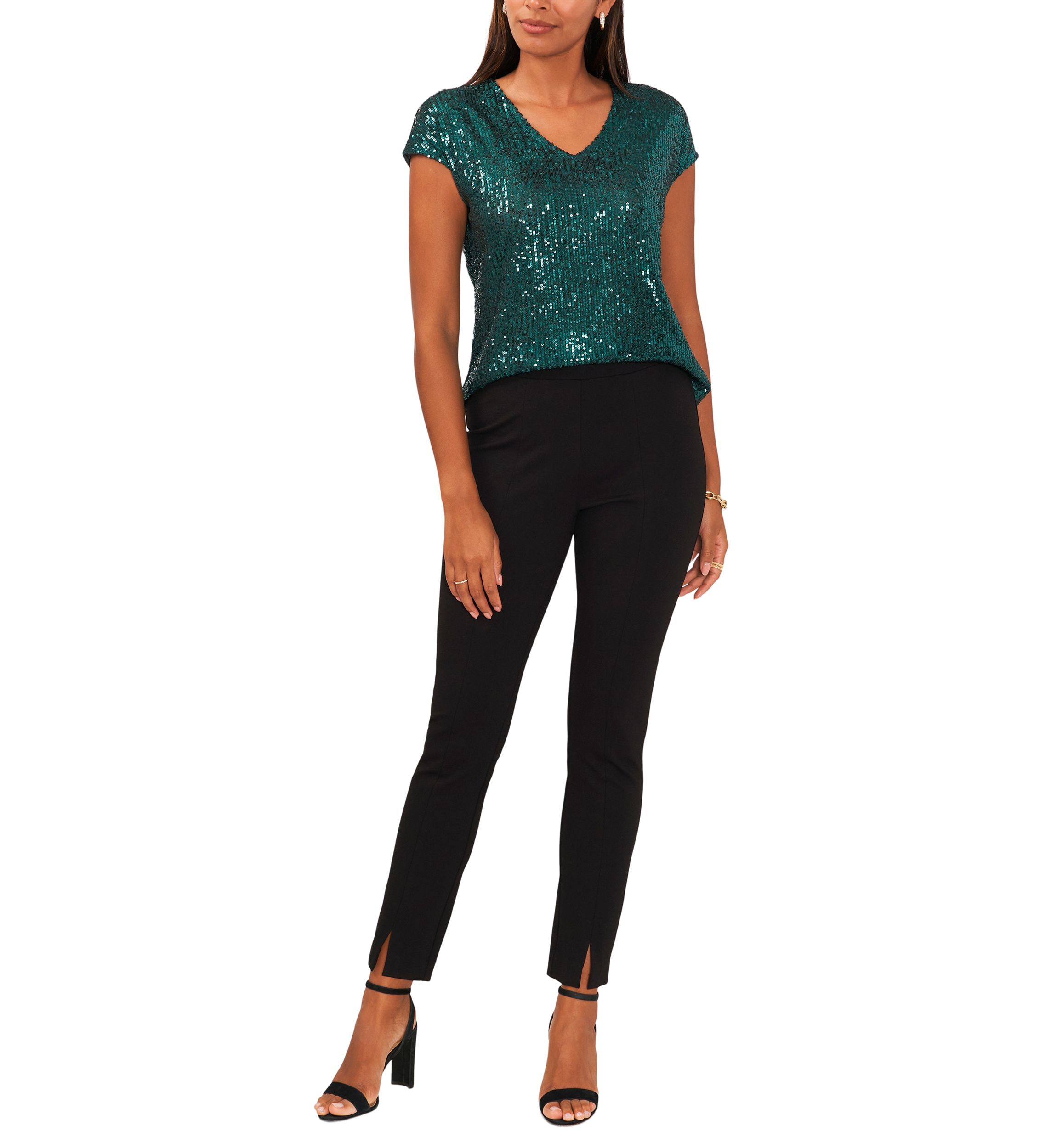 Womens Sequin V-Neck Short Sleeve Top