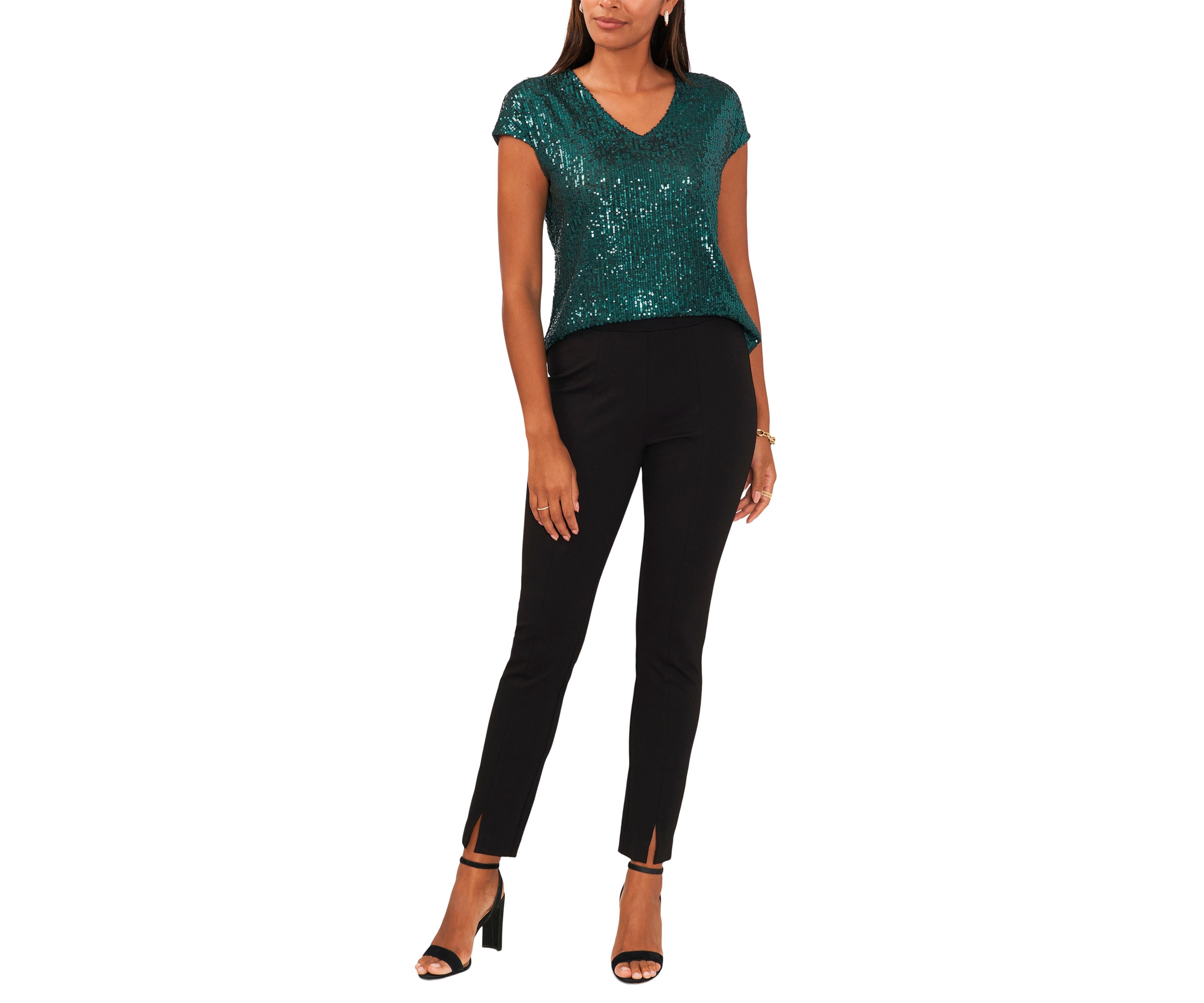 Womens Sequin V-Neck Short Sleeve Top