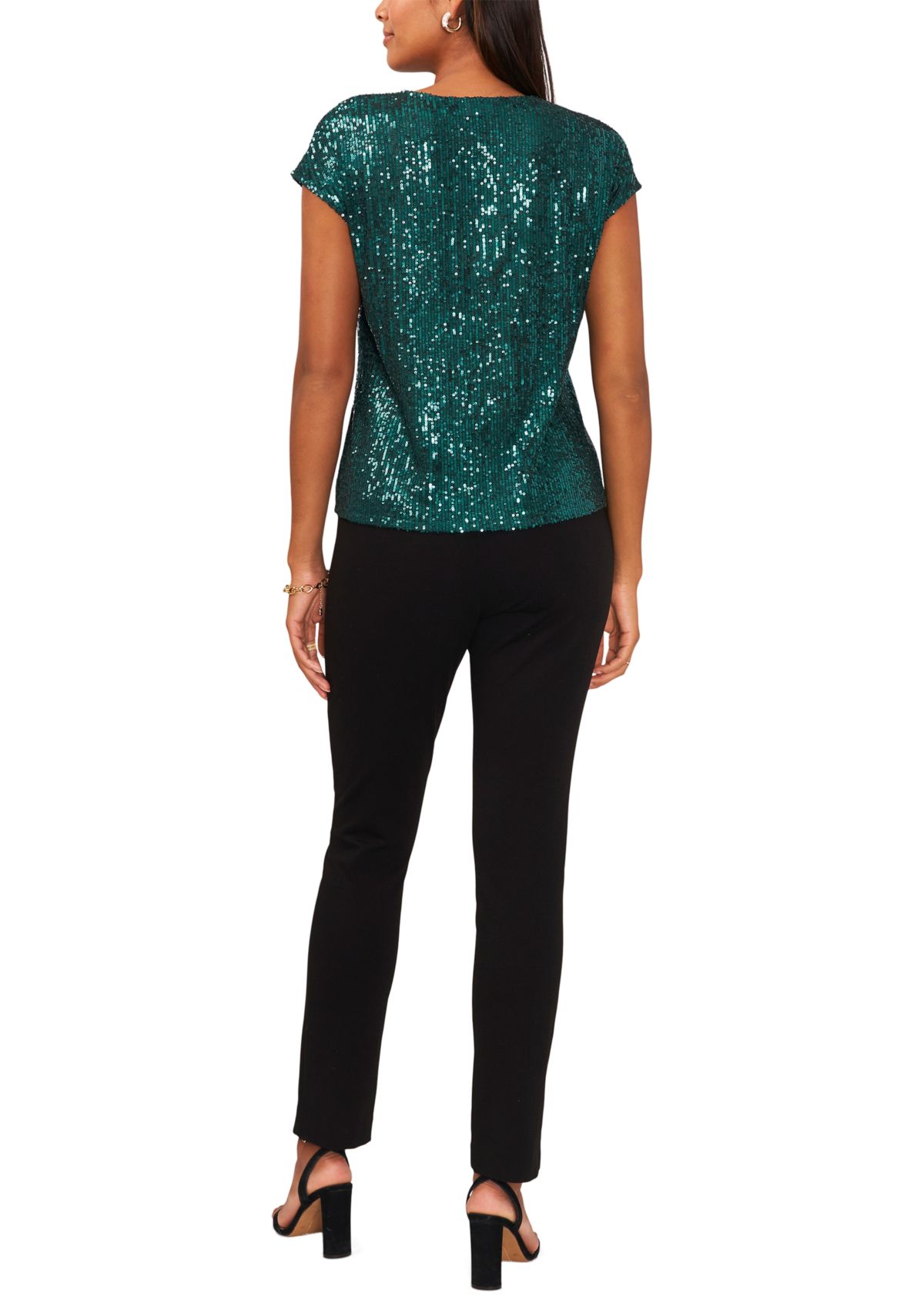 Womens Sequin V-Neck Short Sleeve Top