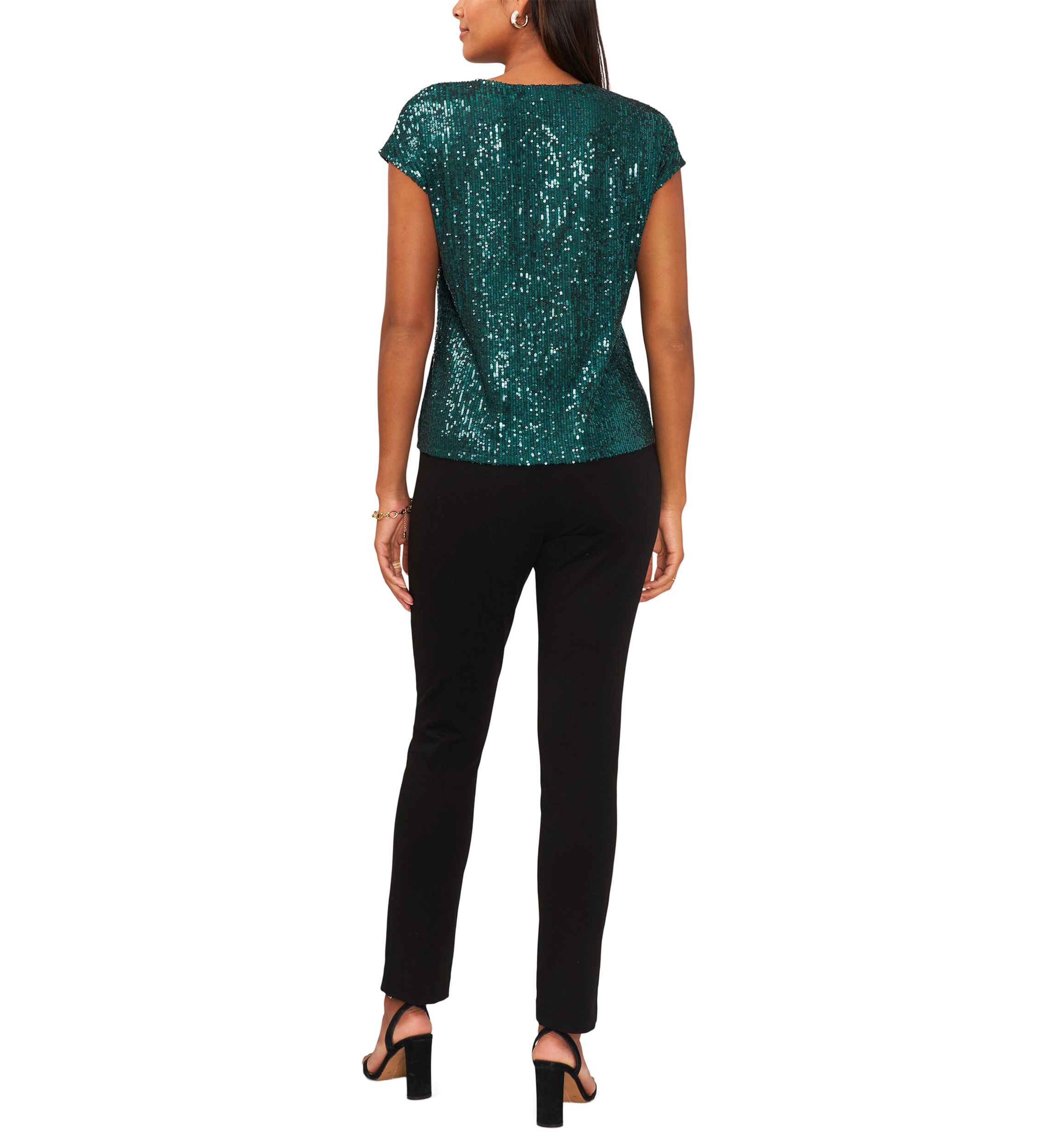 Womens Sequin V-Neck Short Sleeve Top