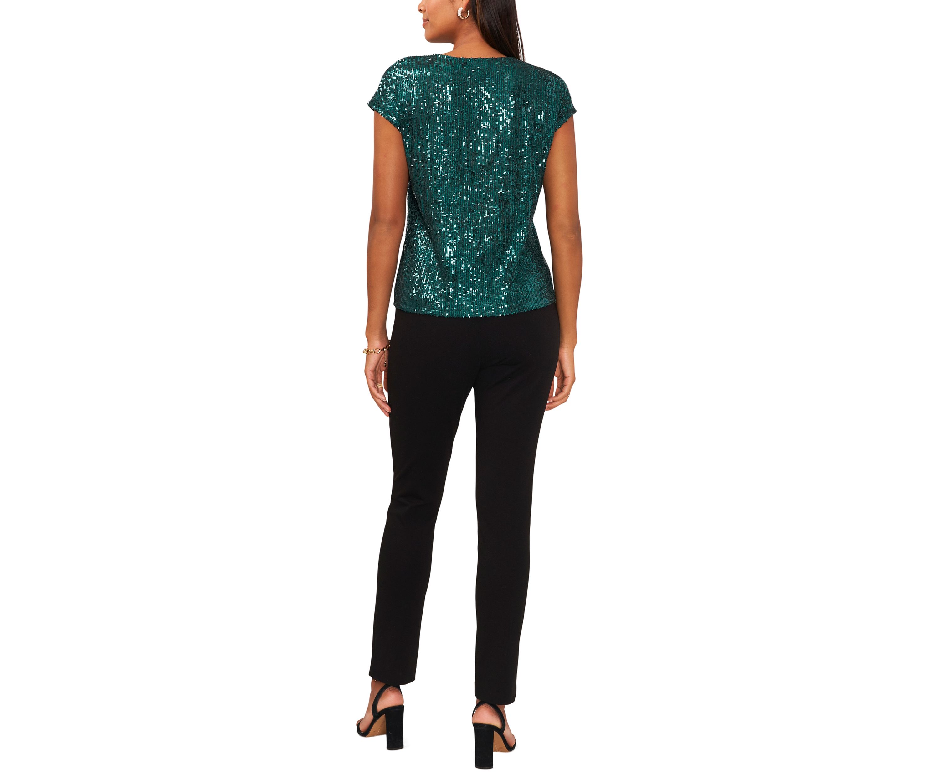 Womens Sequin V-Neck Short Sleeve Top