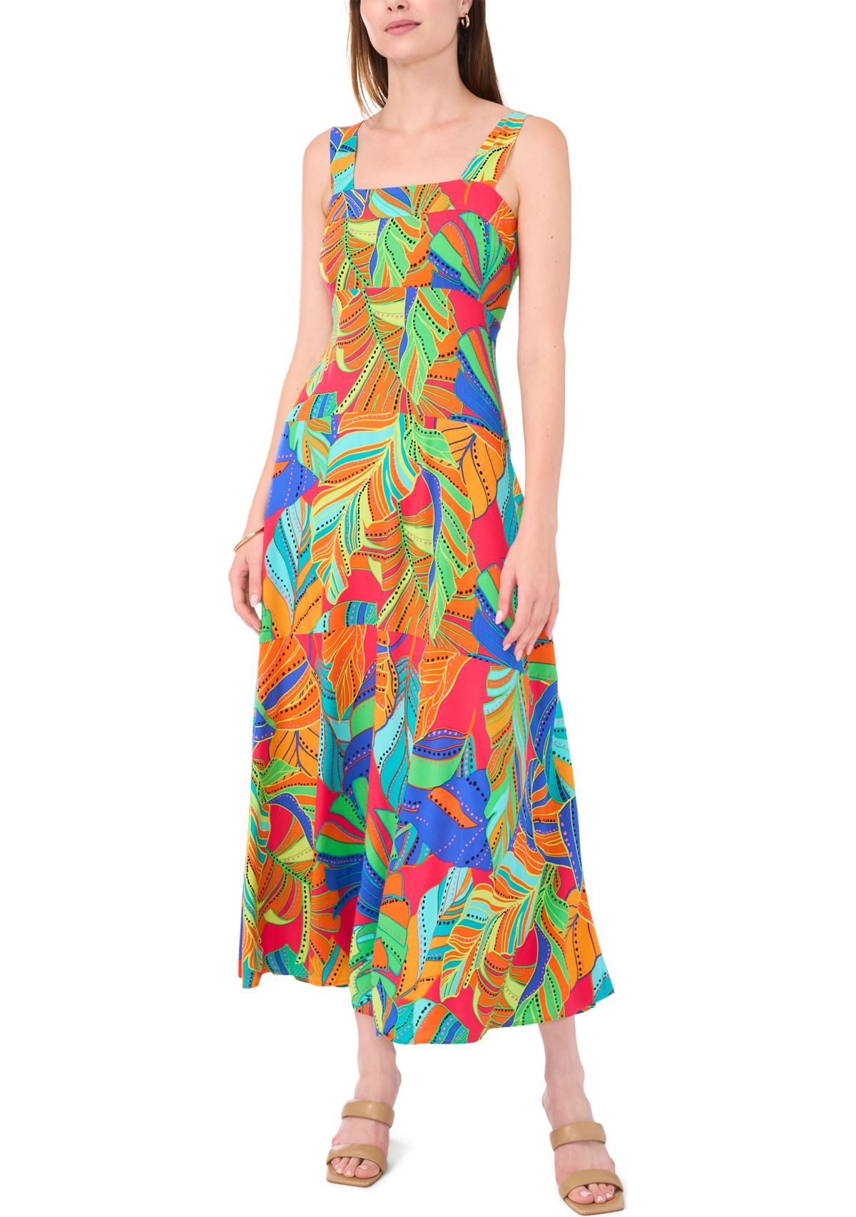 Womens Sleeveless Square Neck Floral Print Maxi Dress