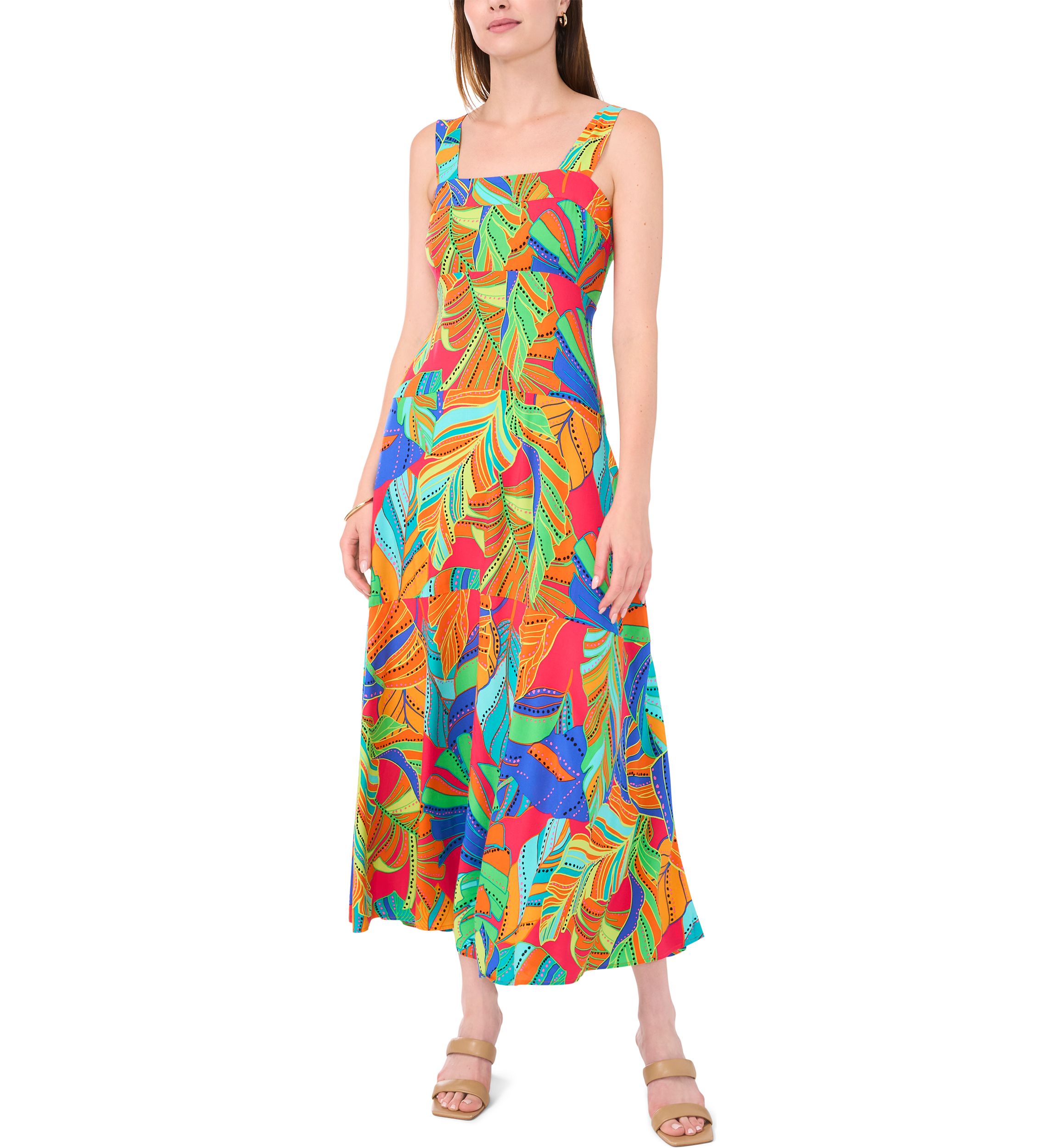 Womens Sleeveless Square Neck Floral Print Maxi Dress