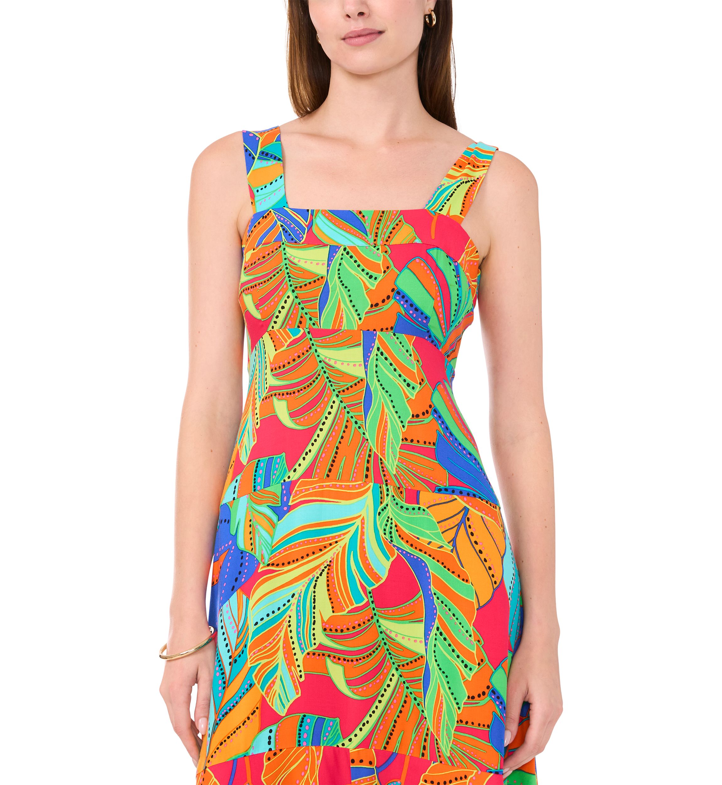 Womens Sleeveless Square Neck Floral Print Maxi Dress