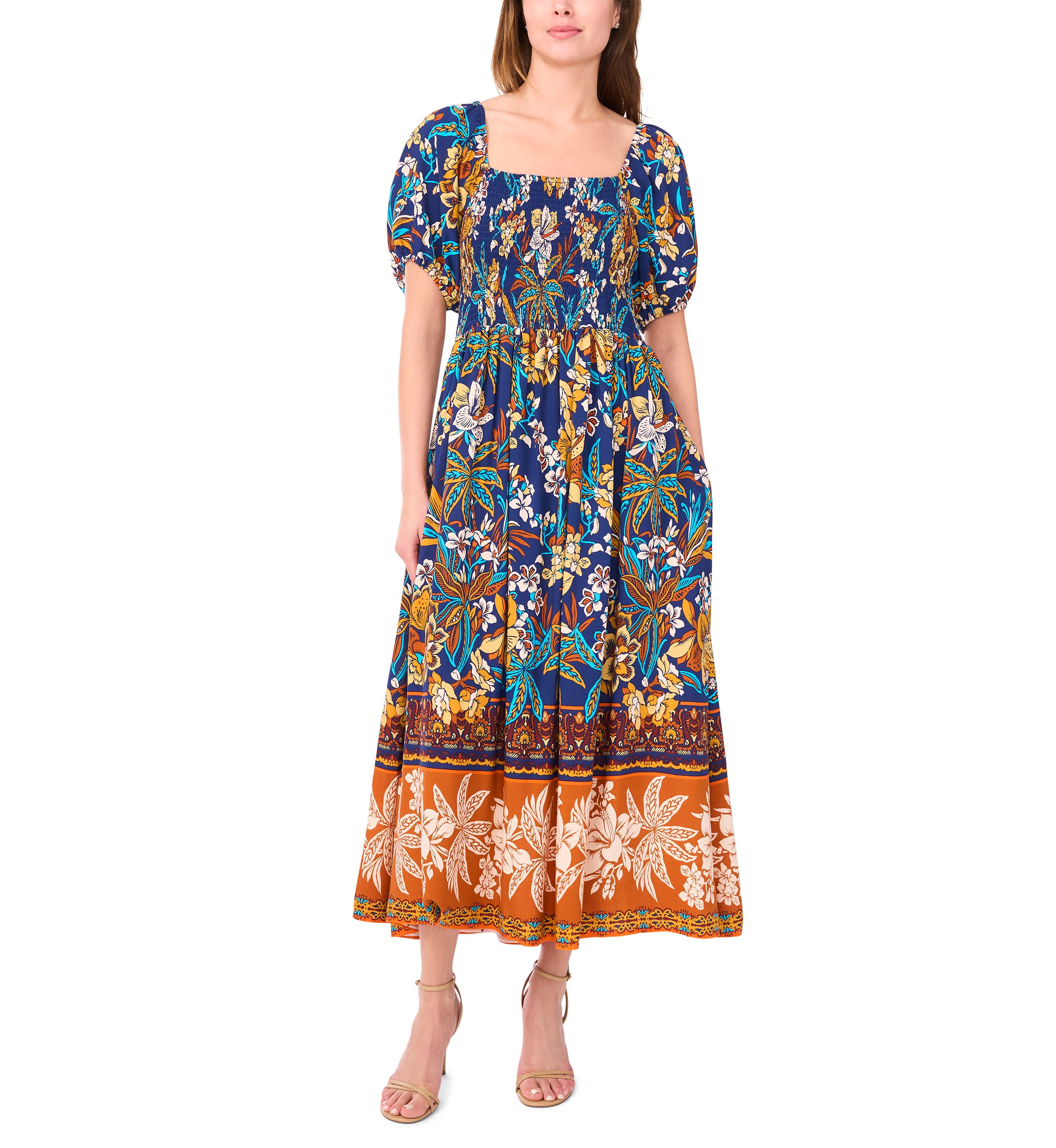 Womens Short Sleeve Square Neck Floral Print Maxi Dress