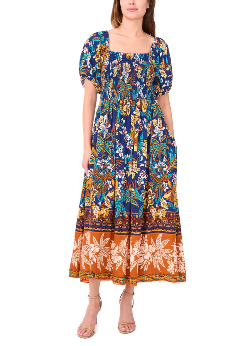 Womens Short Sleeve Square Neck Floral Print Maxi Dress