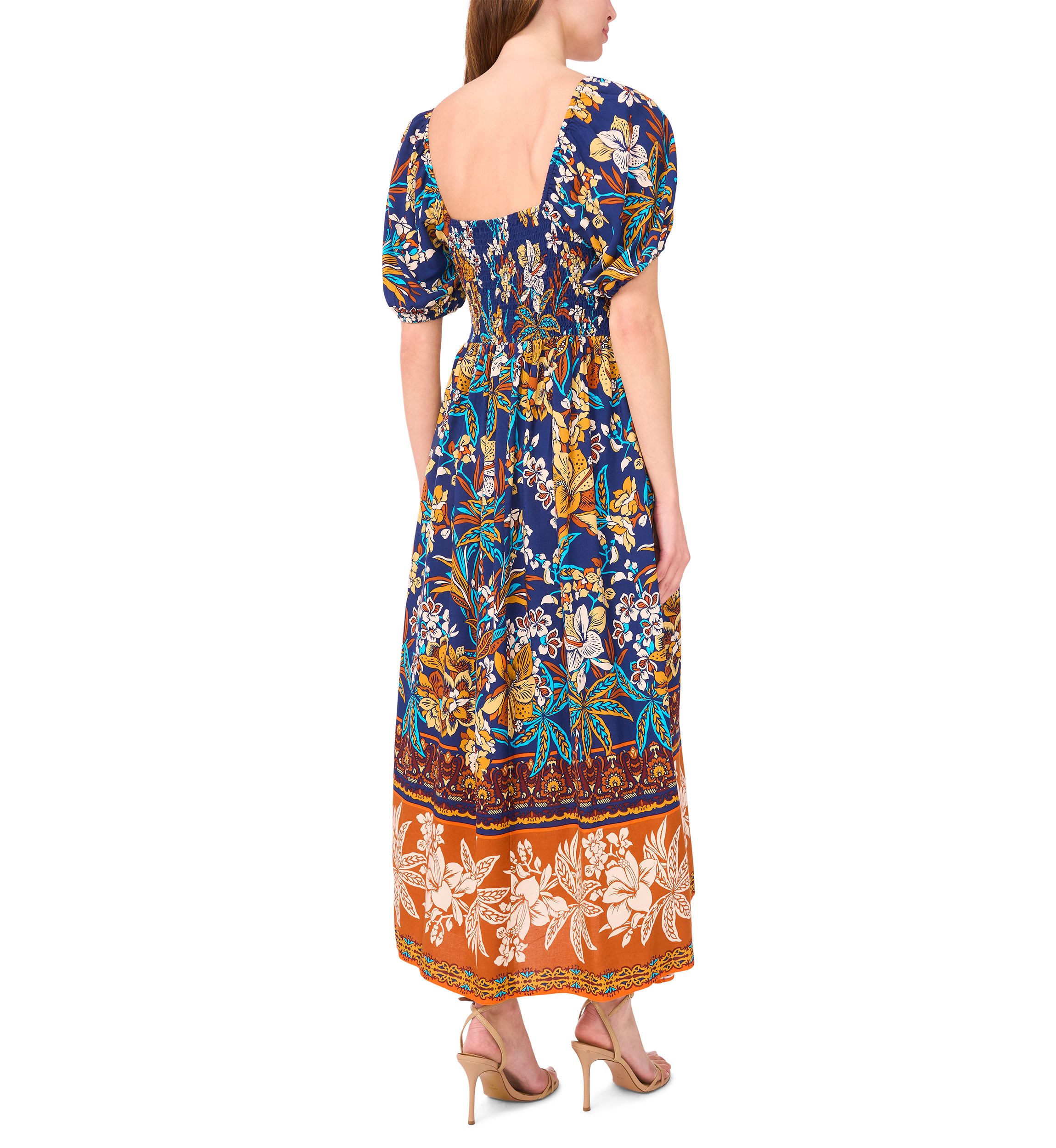 Womens Short Sleeve Square Neck Floral Print Maxi Dress