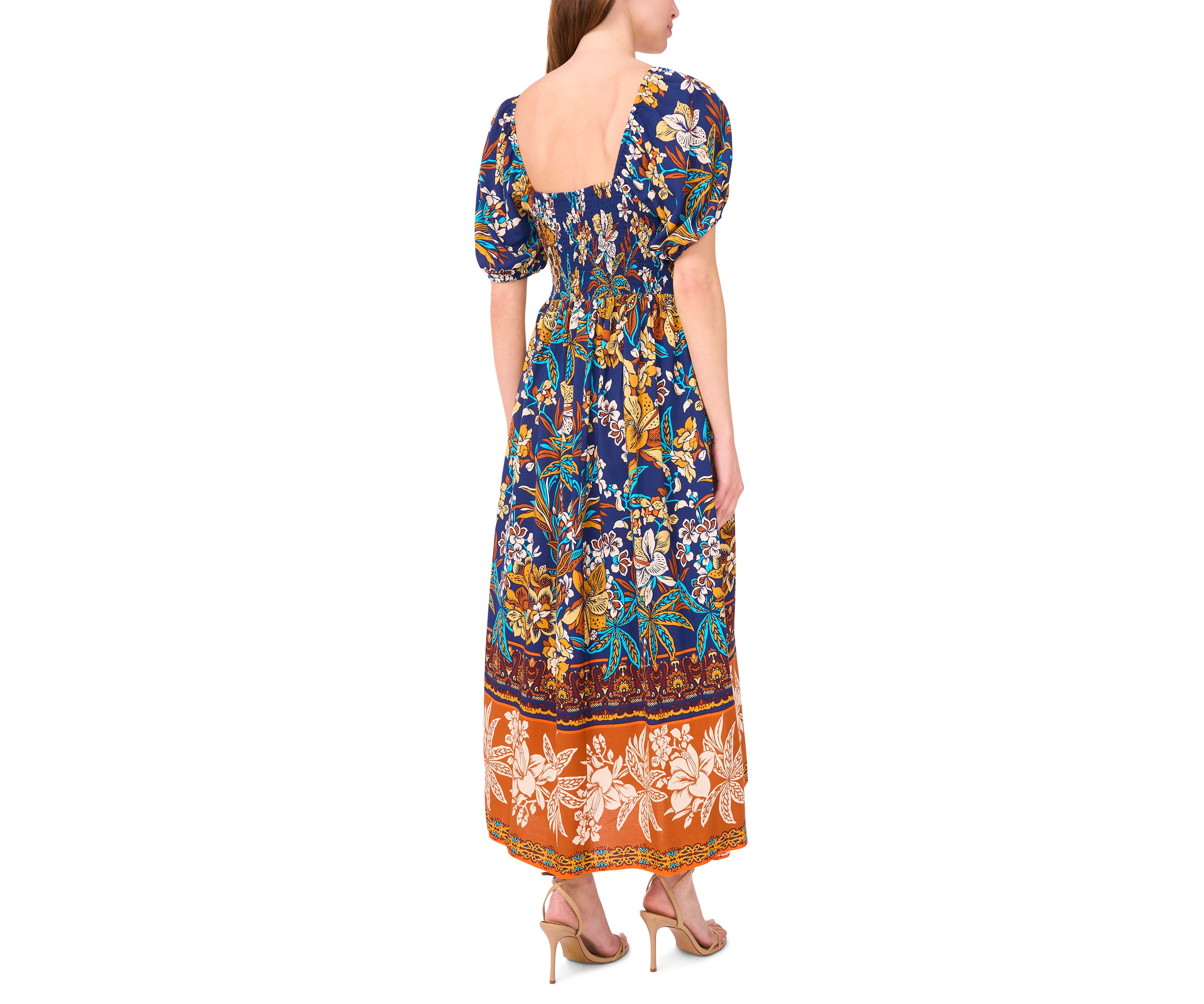 Womens Short Sleeve Square Neck Floral Print Maxi Dress
