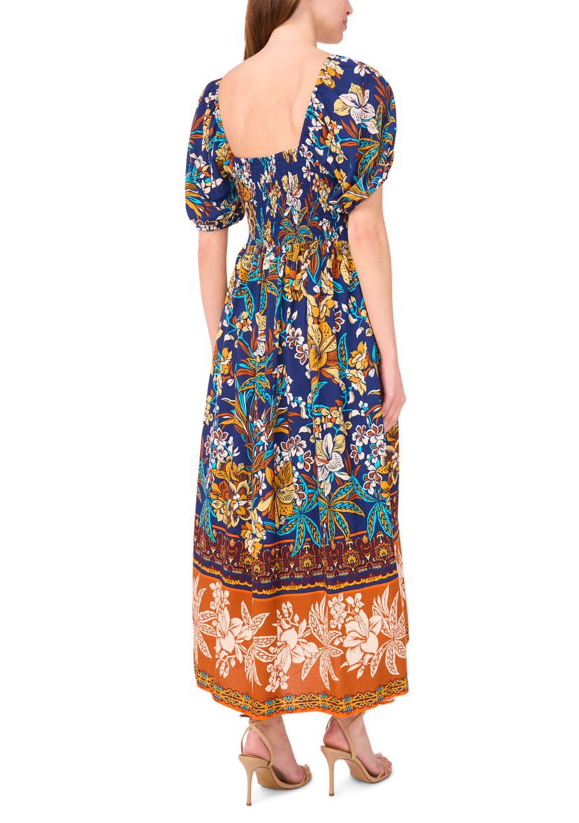 Womens Short Sleeve Square Neck Floral Print Maxi Dress