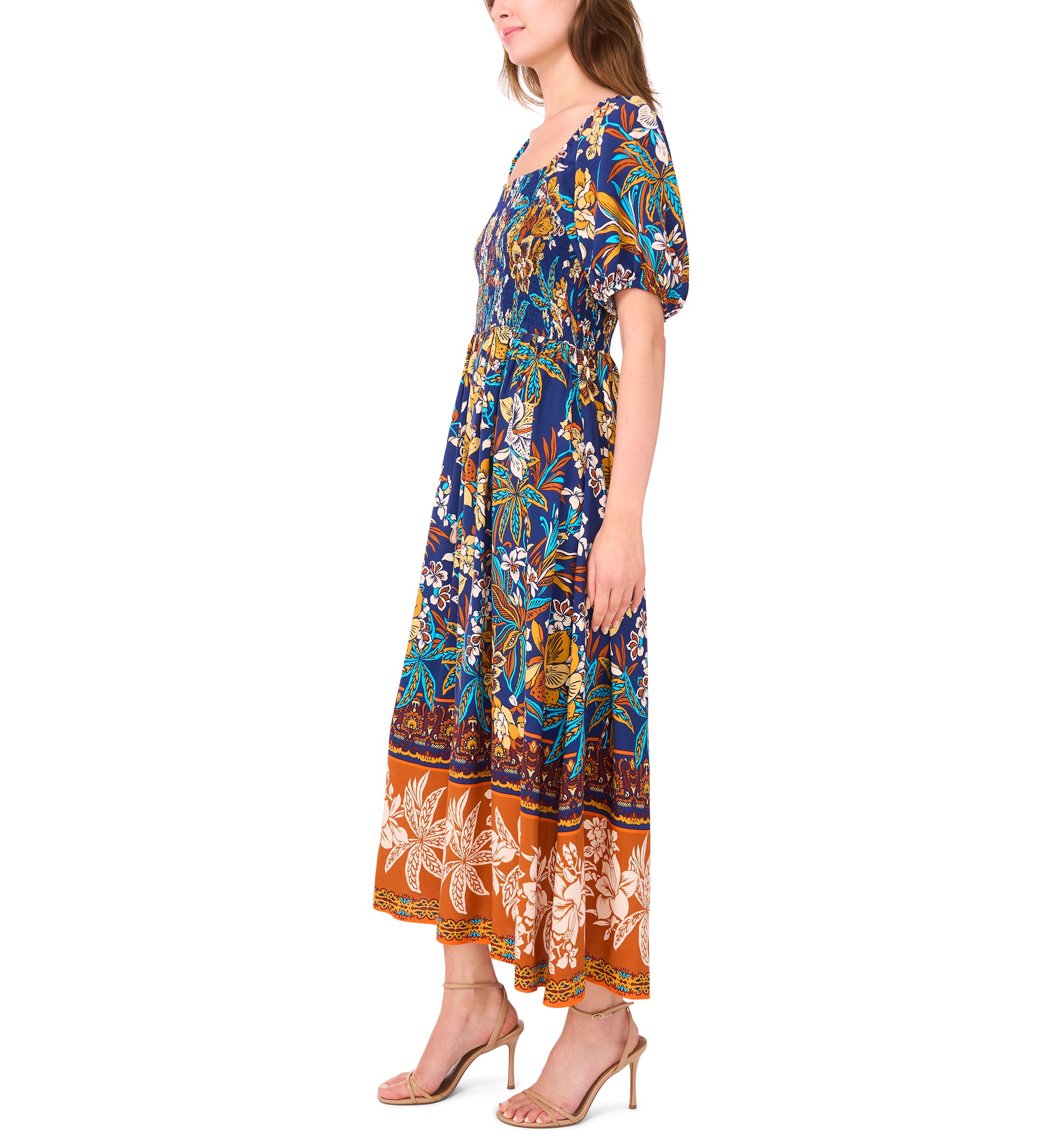 Womens Short Sleeve Square Neck Floral Print Maxi Dress