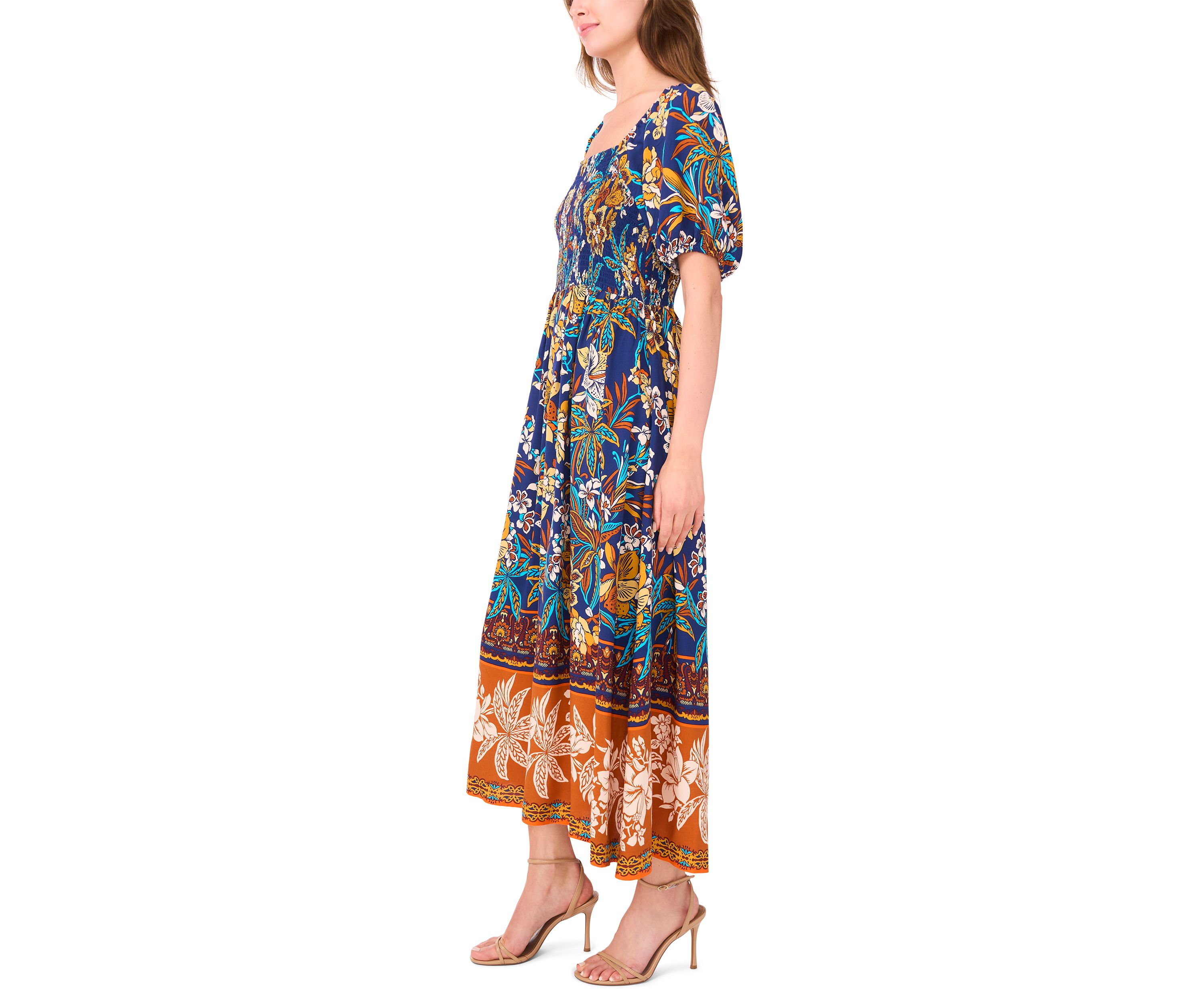 Womens Short Sleeve Square Neck Floral Print Maxi Dress