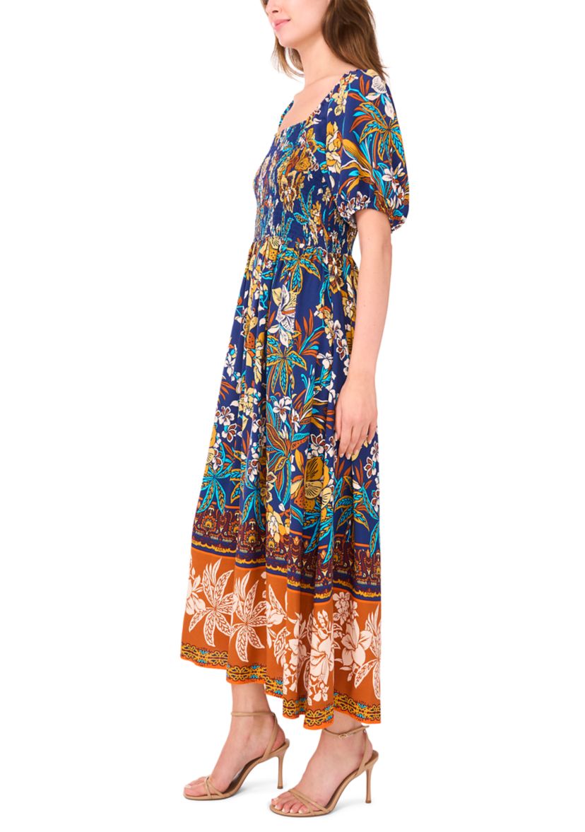Womens Short Sleeve Square Neck Floral Print Maxi Dress