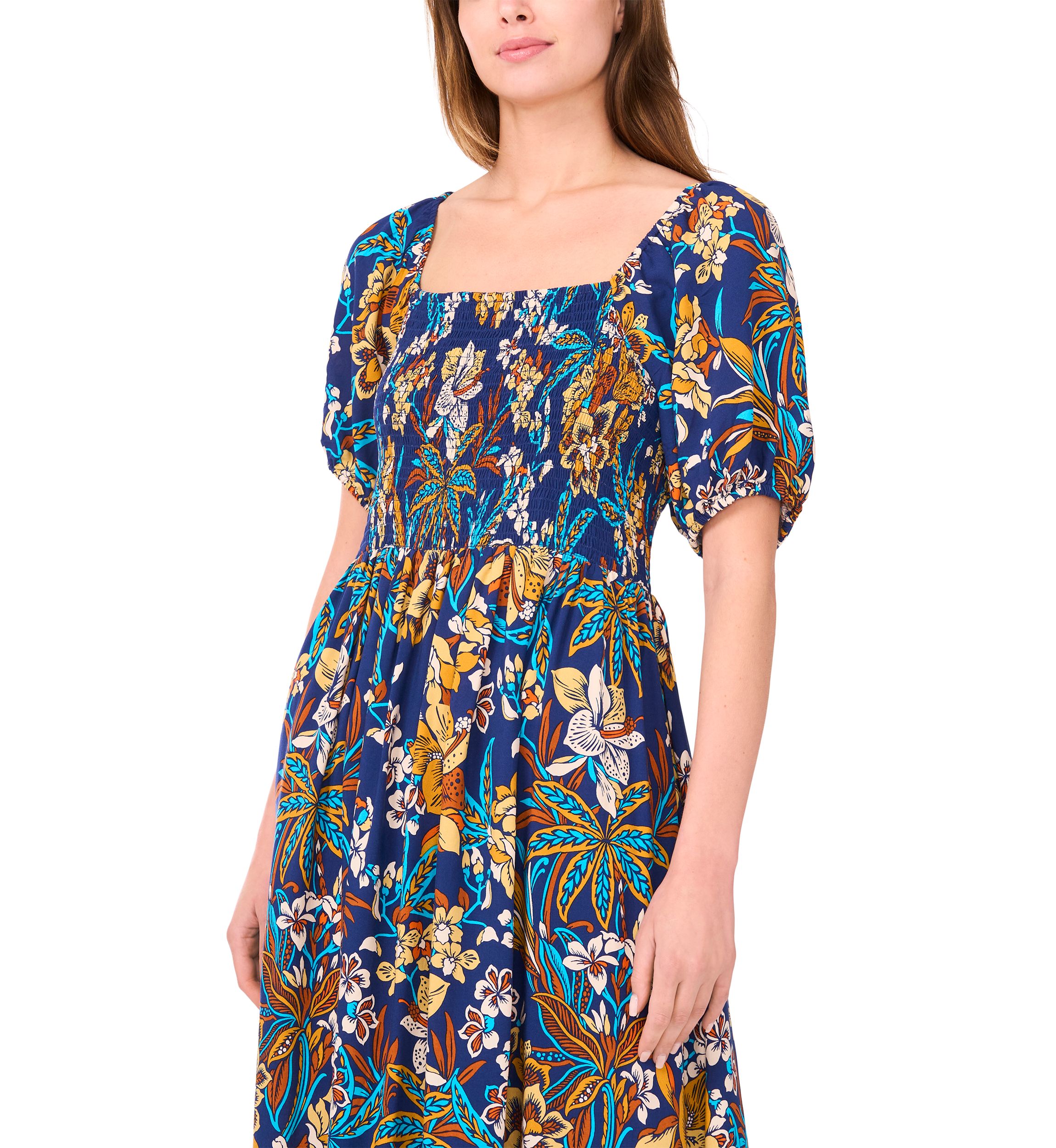 Womens Short Sleeve Square Neck Floral Print Maxi Dress