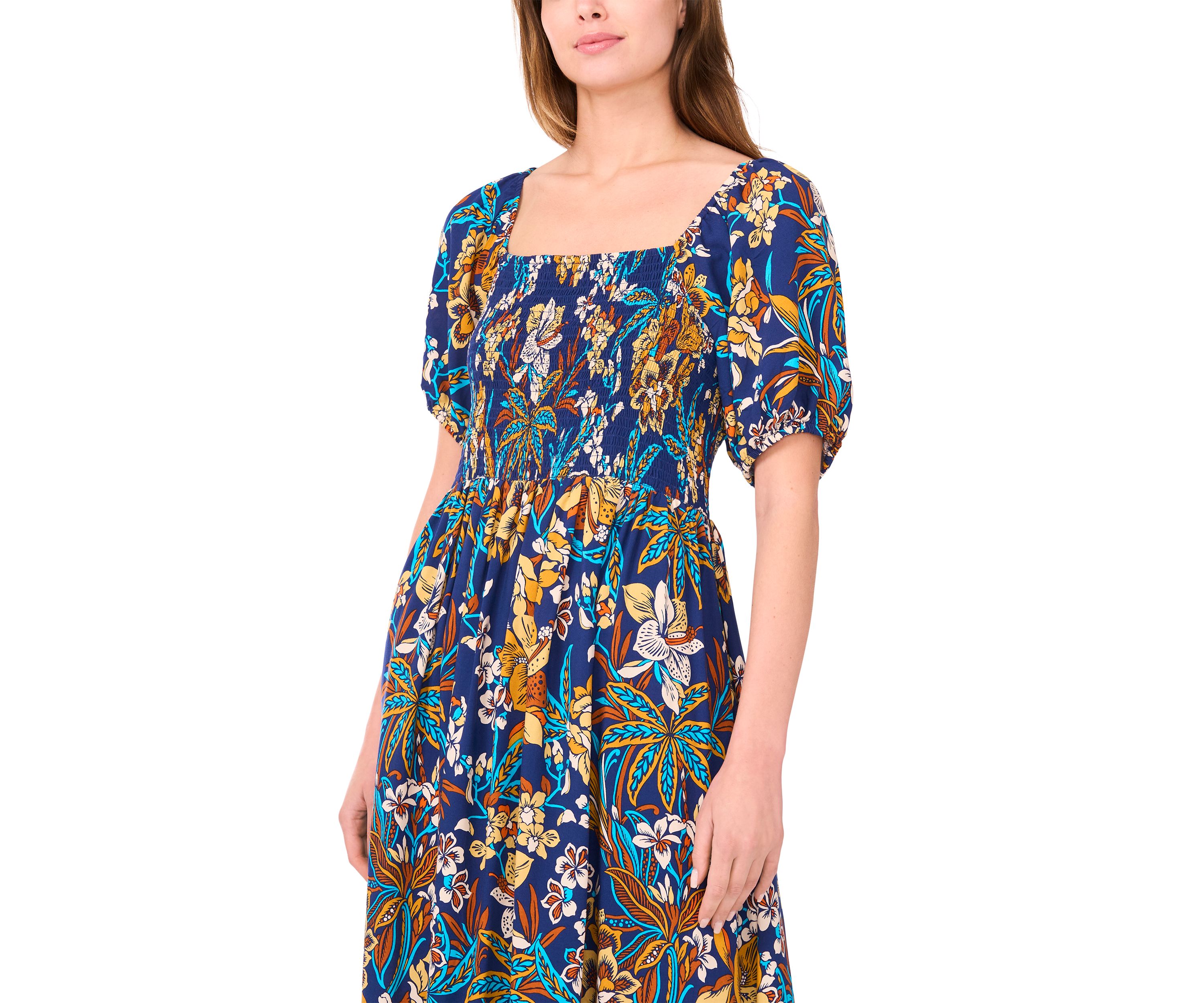 Womens Short Sleeve Square Neck Floral Print Maxi Dress