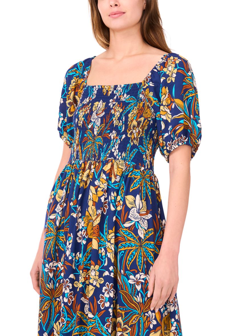 Womens Short Sleeve Square Neck Floral Print Maxi Dress
