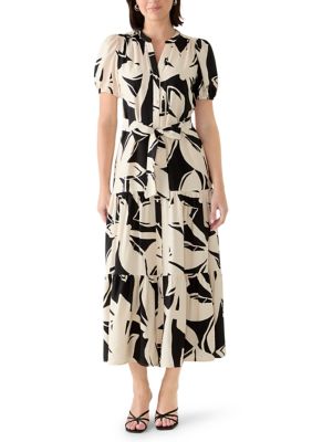 MSK Women's Short Sleeve Button Down Tiered Printed Maxi Dress, XL