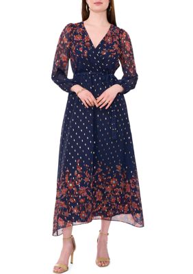 MSK Women's Printed Belted Maxi Fit and Flare Dress, Navy Blue, XL