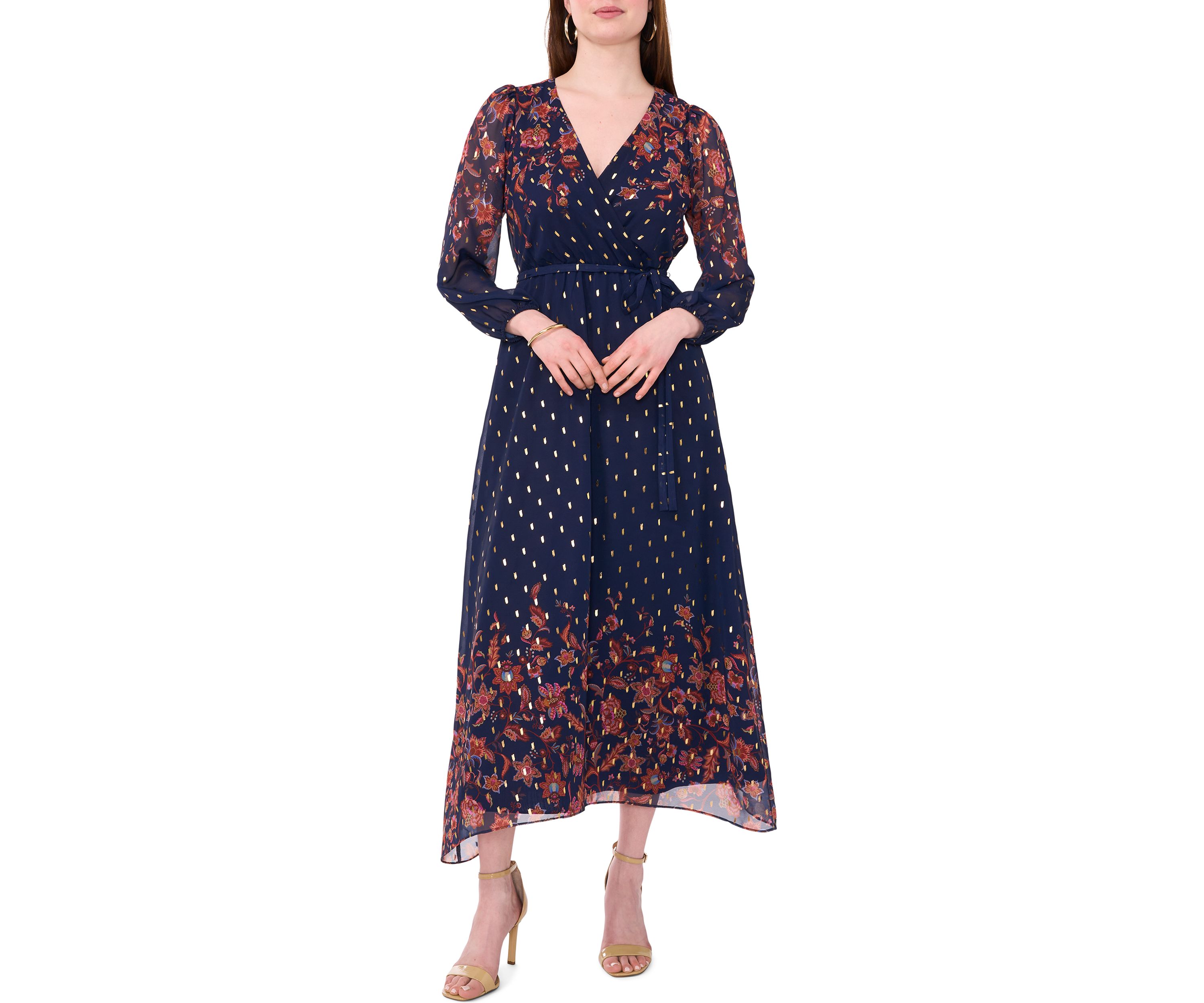 Womens Printed Belted Maxi Fit and Flare Dress