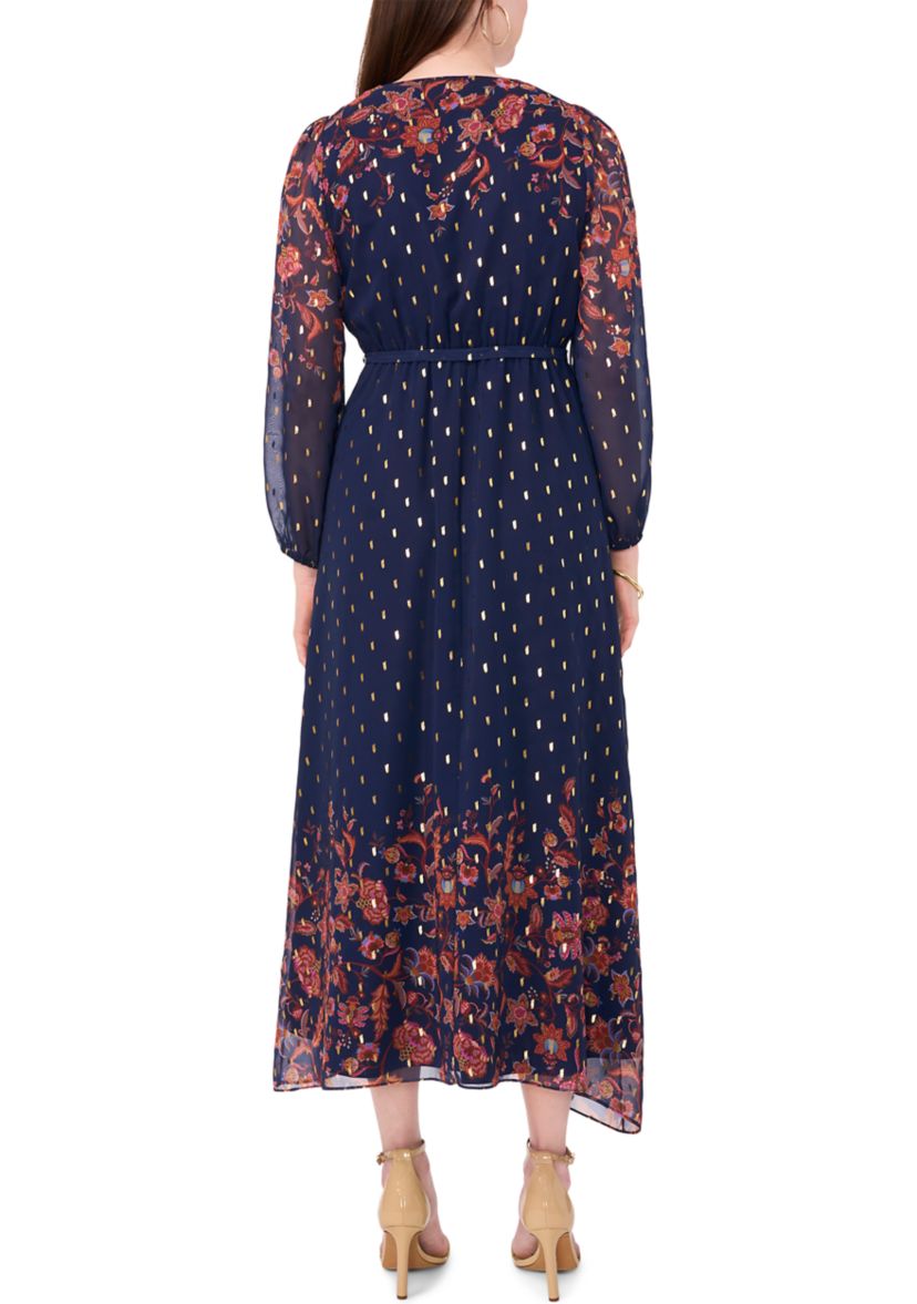 Womens Printed Belted Maxi Fit and Flare Dress
