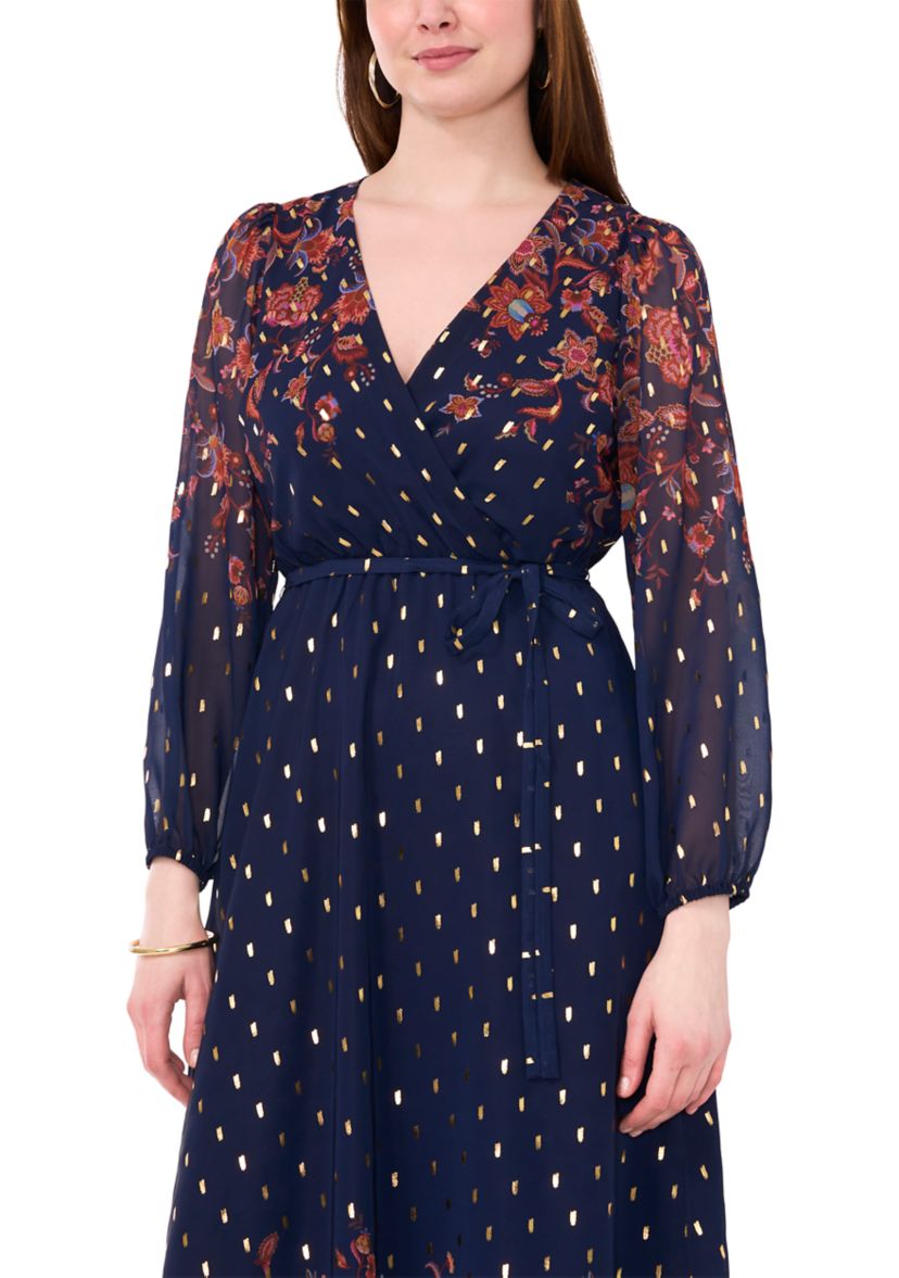 Womens Printed Belted Maxi Fit and Flare Dress