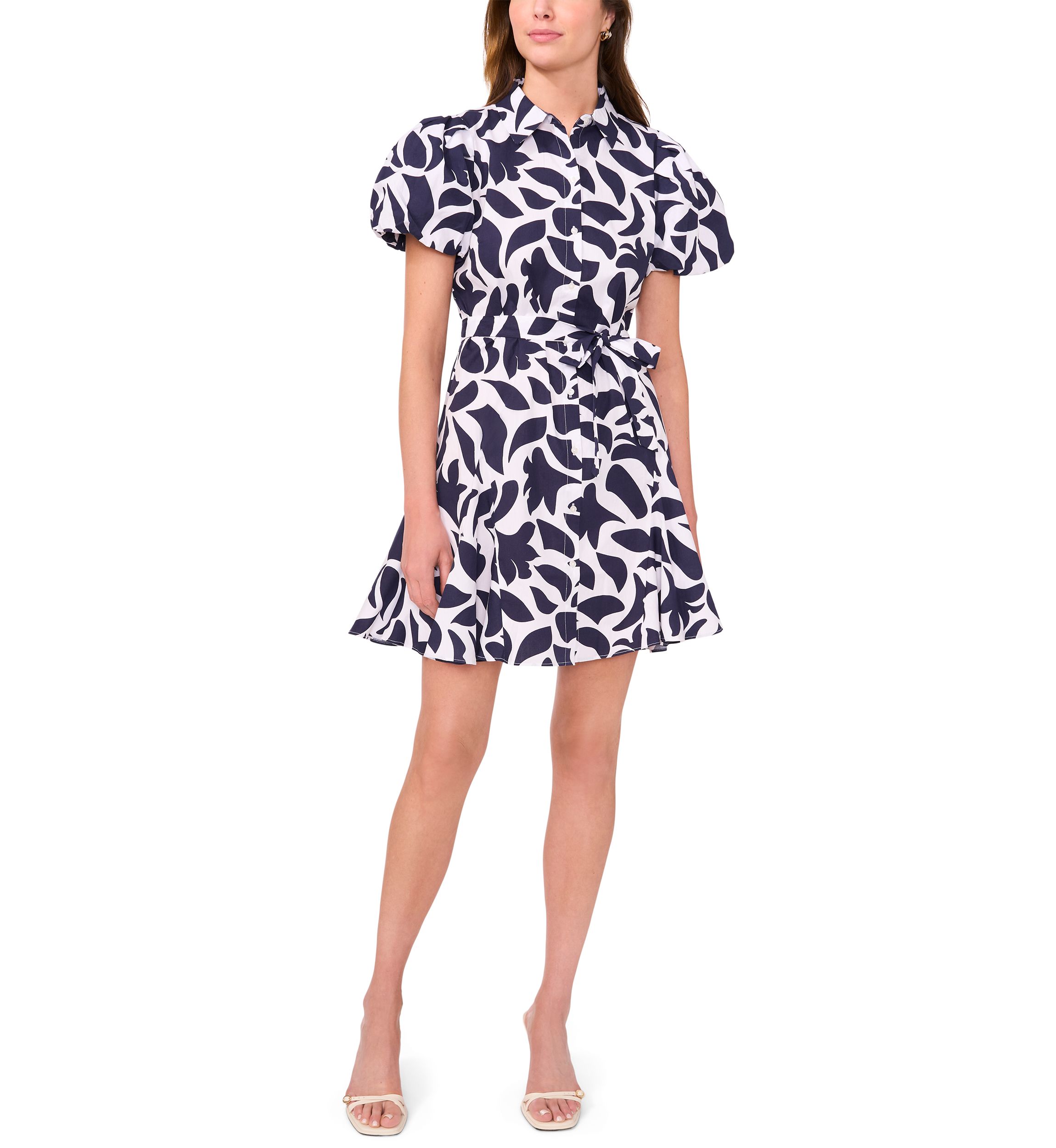 Womens Short Puff Sleeve Collar Neck Floral Print Cotton A-Line Dress