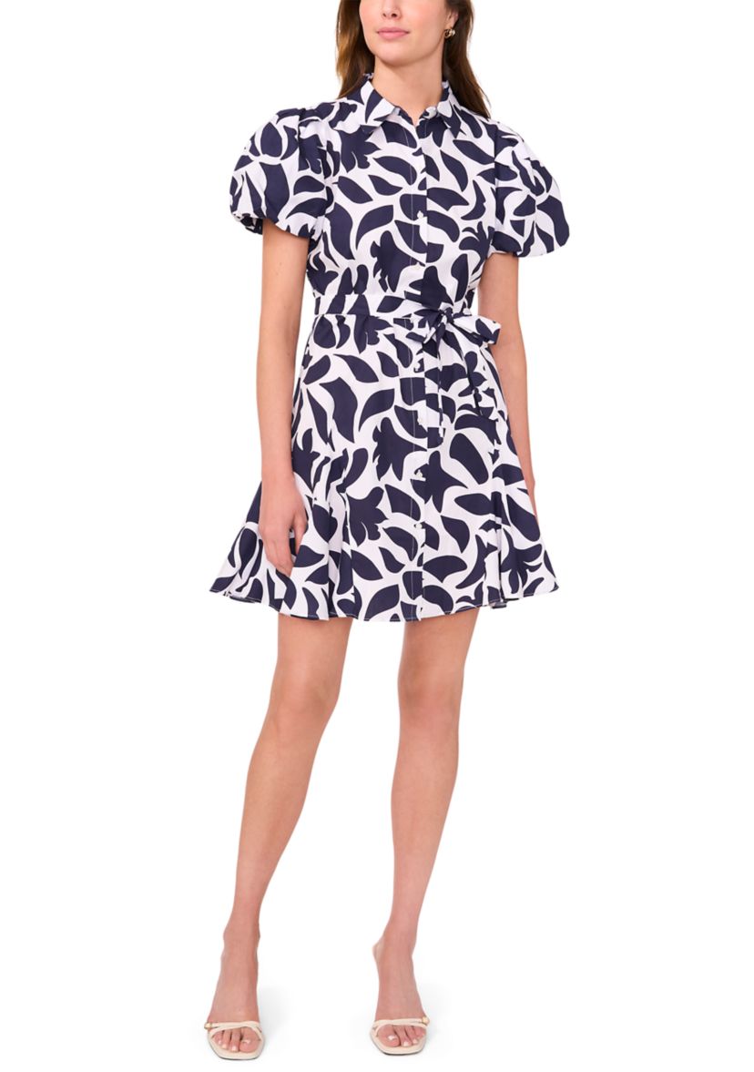 Womens Short Puff Sleeve Collar Neck Floral Print Cotton A-Line Dress