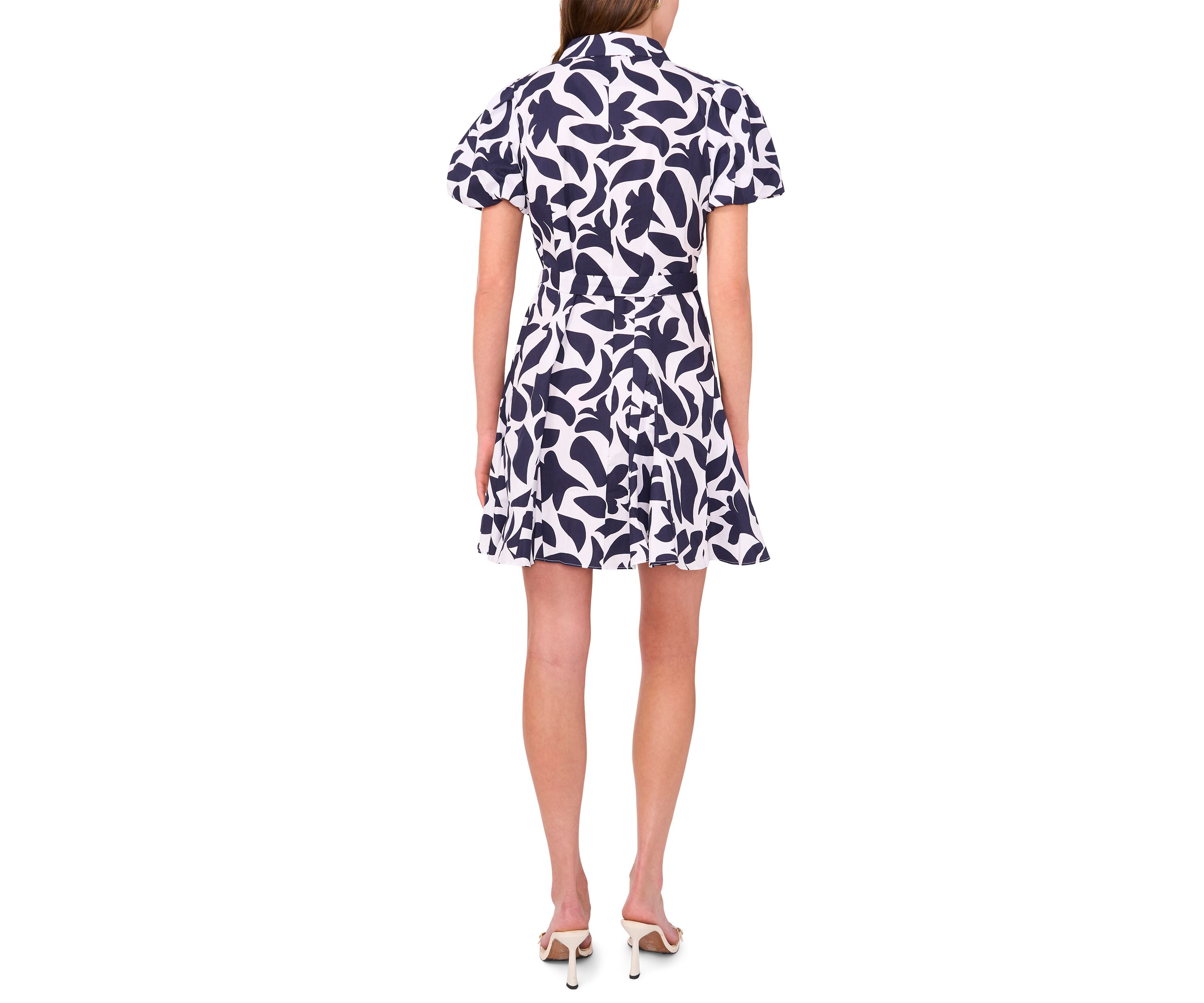 Womens Short Puff Sleeve Collar Neck Floral Print Cotton A-Line Dress