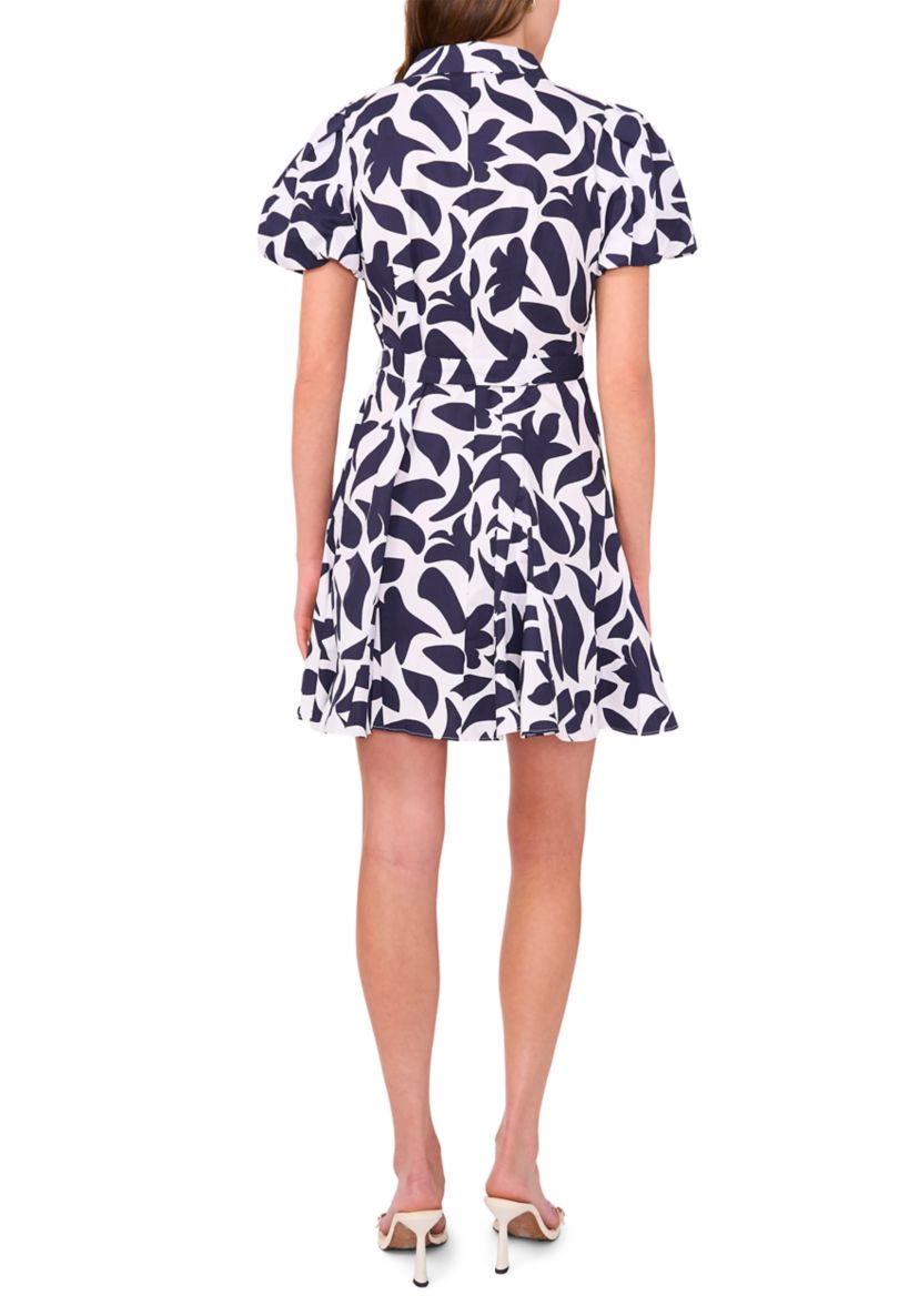 Womens Short Puff Sleeve Collar Neck Floral Print Cotton A-Line Dress