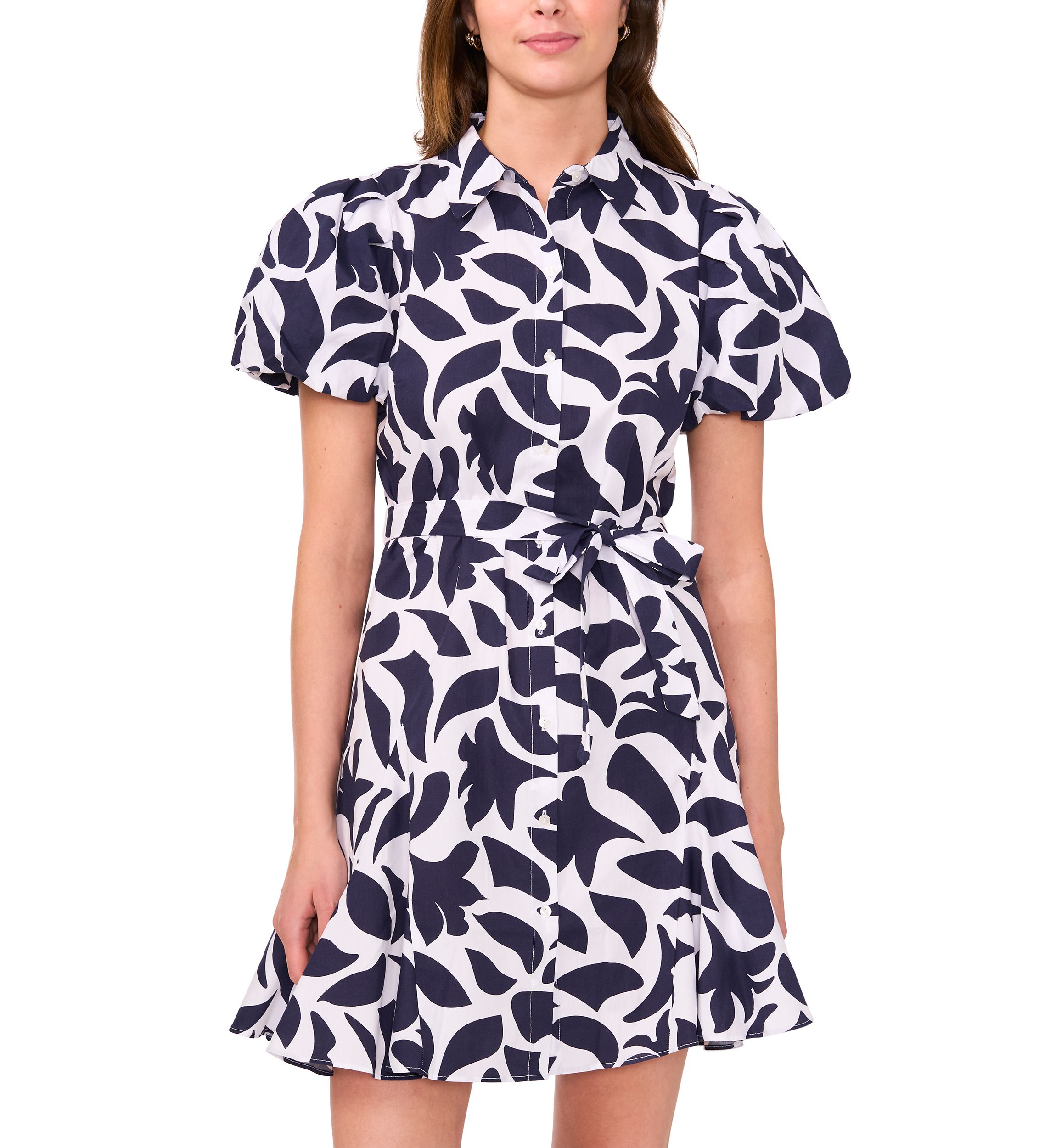 Womens Short Puff Sleeve Collar Neck Floral Print Cotton A-Line Dress