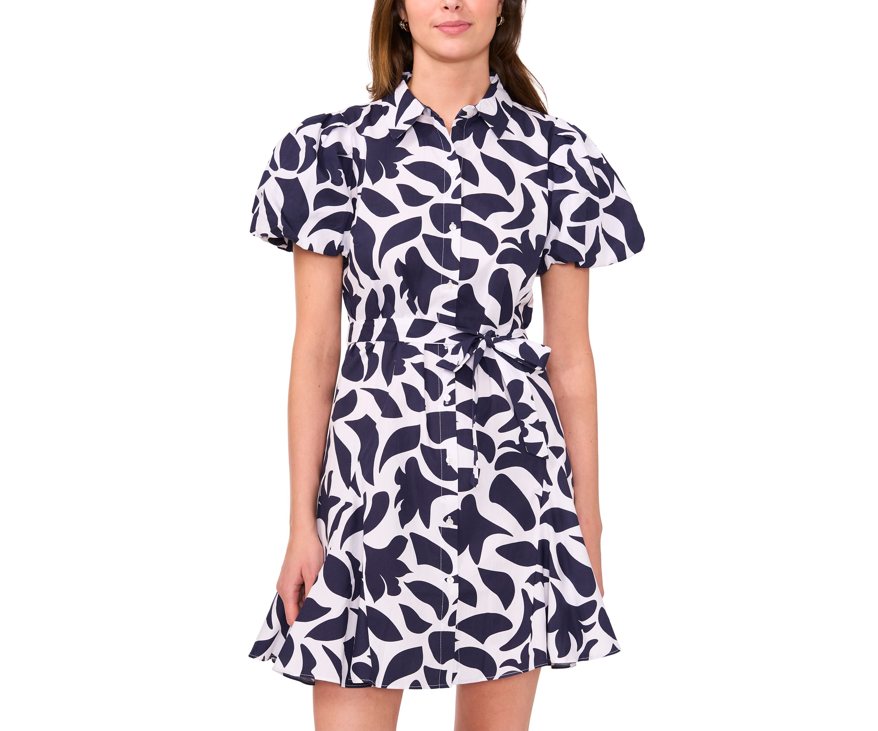Womens Short Puff Sleeve Collar Neck Floral Print Cotton A-Line Dress