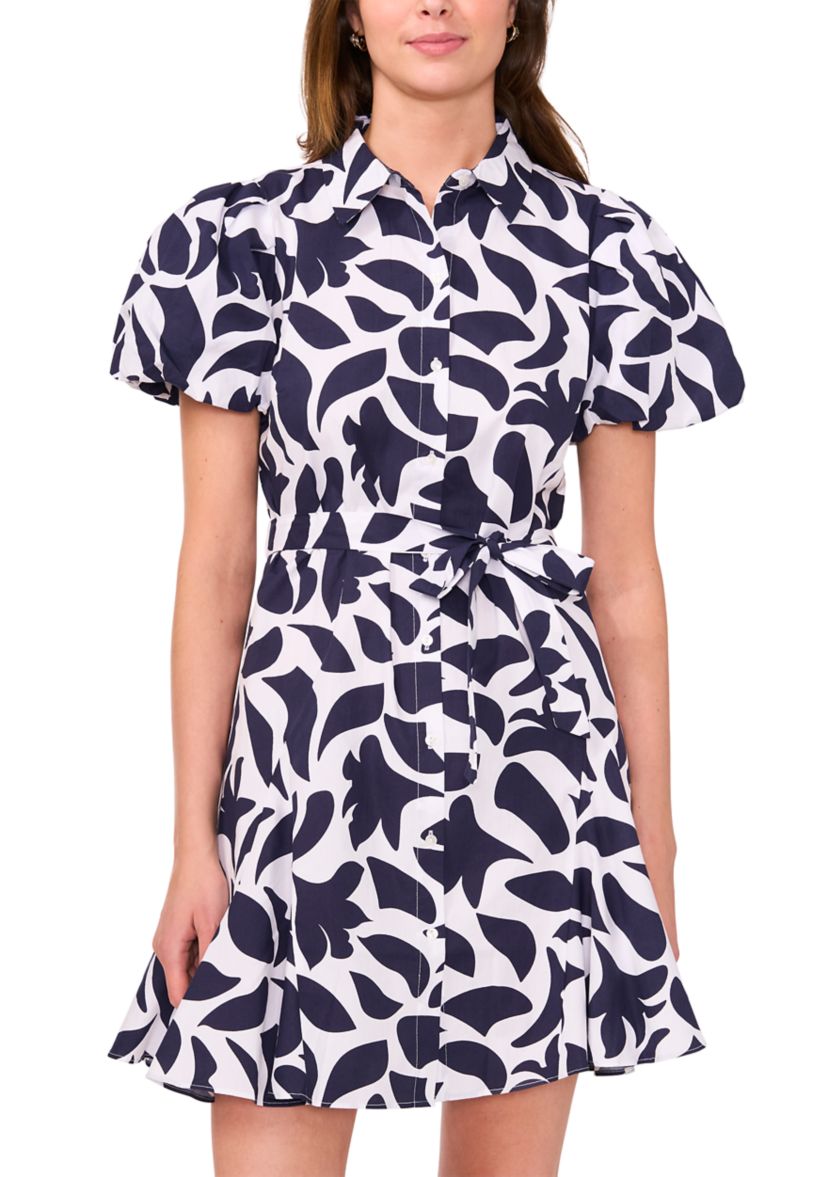 Womens Short Puff Sleeve Collar Neck Floral Print Cotton A-Line Dress