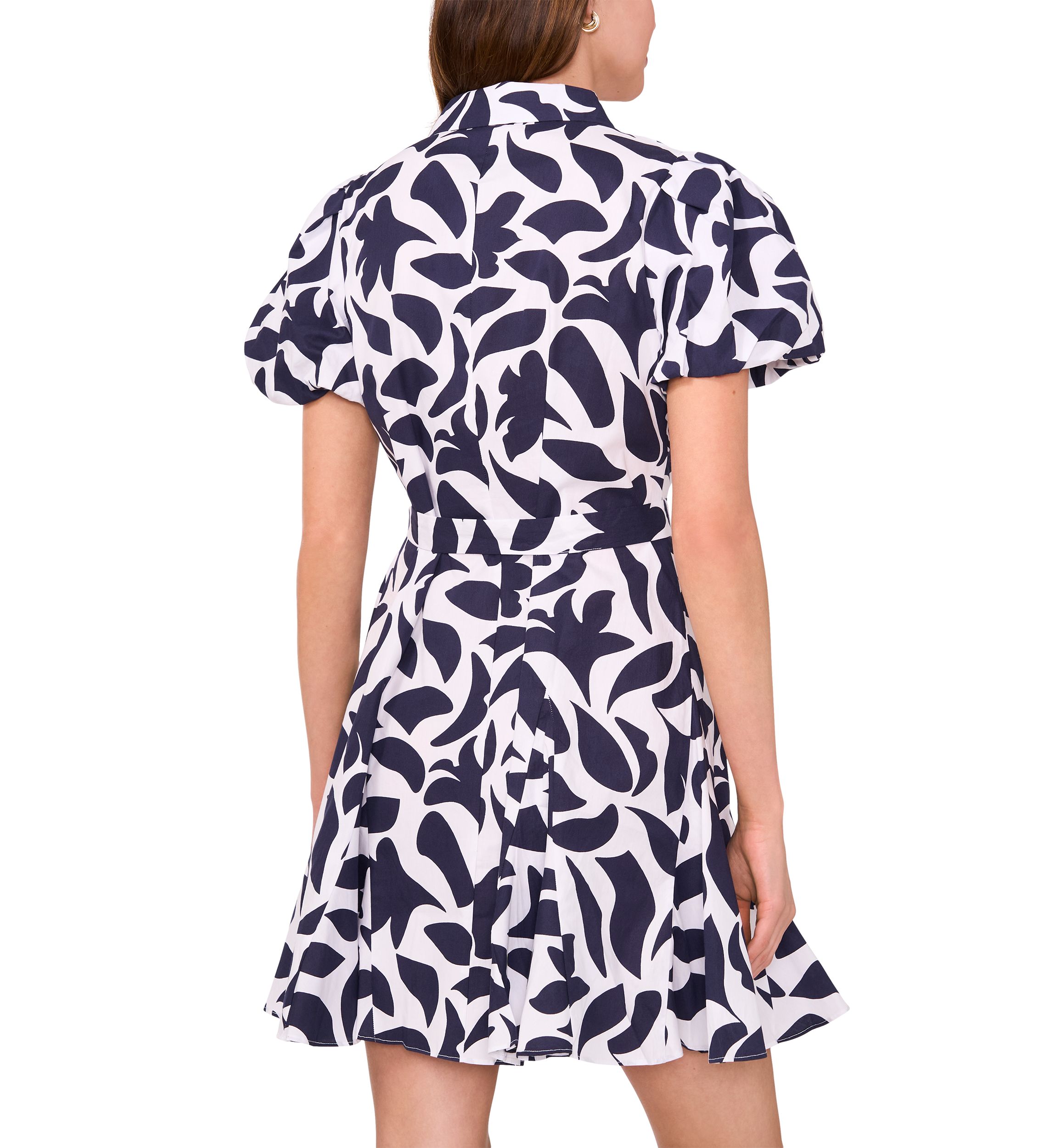 Womens Short Puff Sleeve Collar Neck Floral Print Cotton A-Line Dress