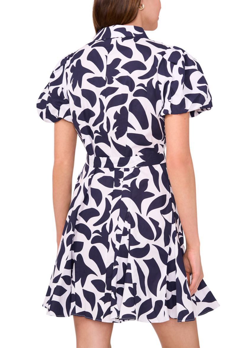 Womens Short Puff Sleeve Collar Neck Floral Print Cotton A-Line Dress