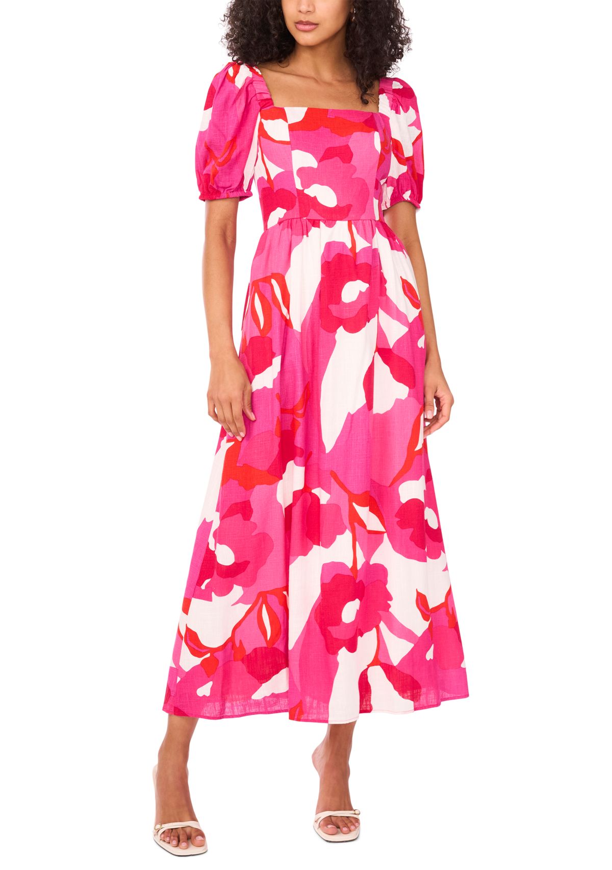Womens Short Sleeve Square Neck Smocked Floral Print Dress