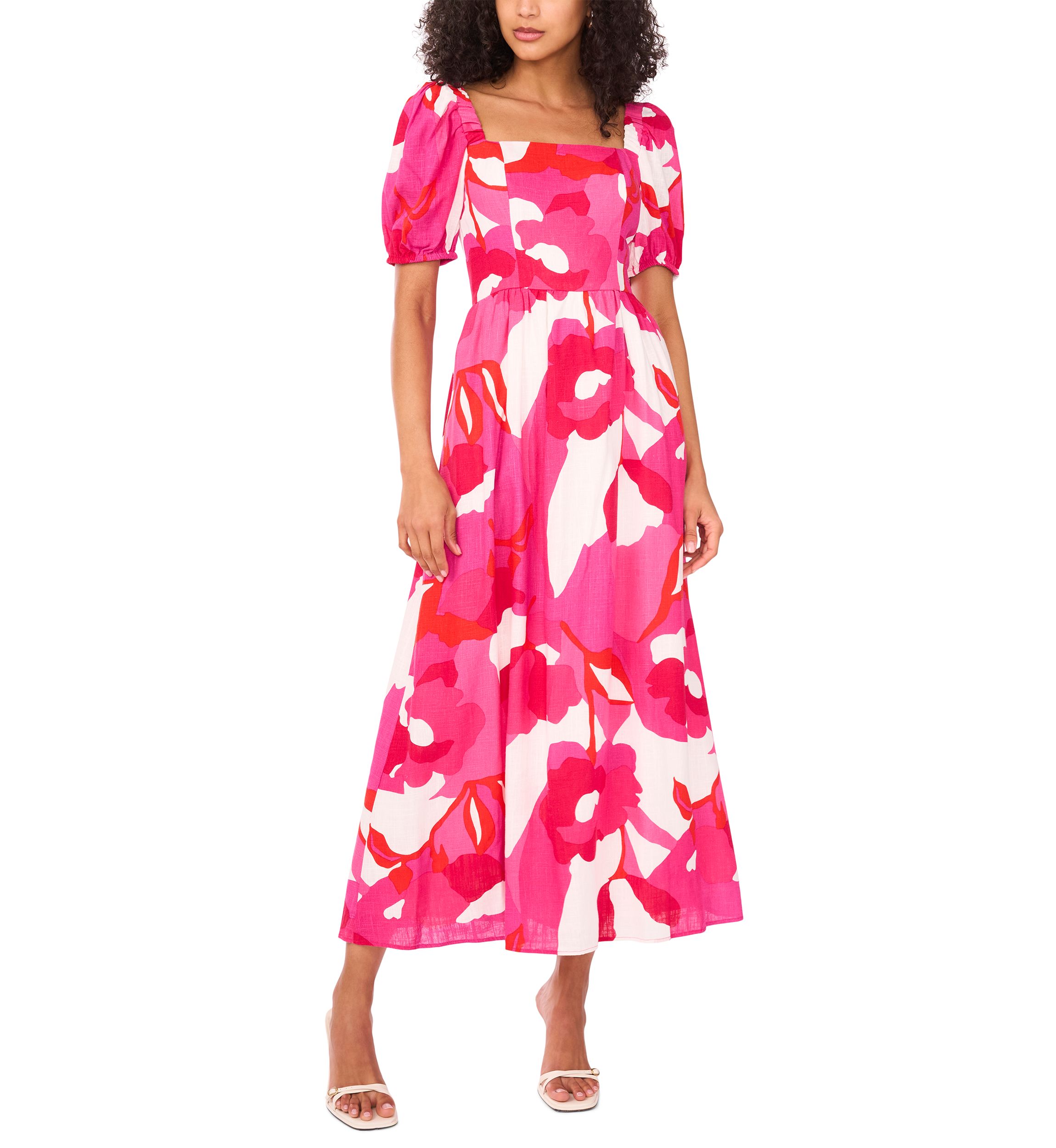 Womens Short Sleeve Square Neck Smocked Floral Print Dress