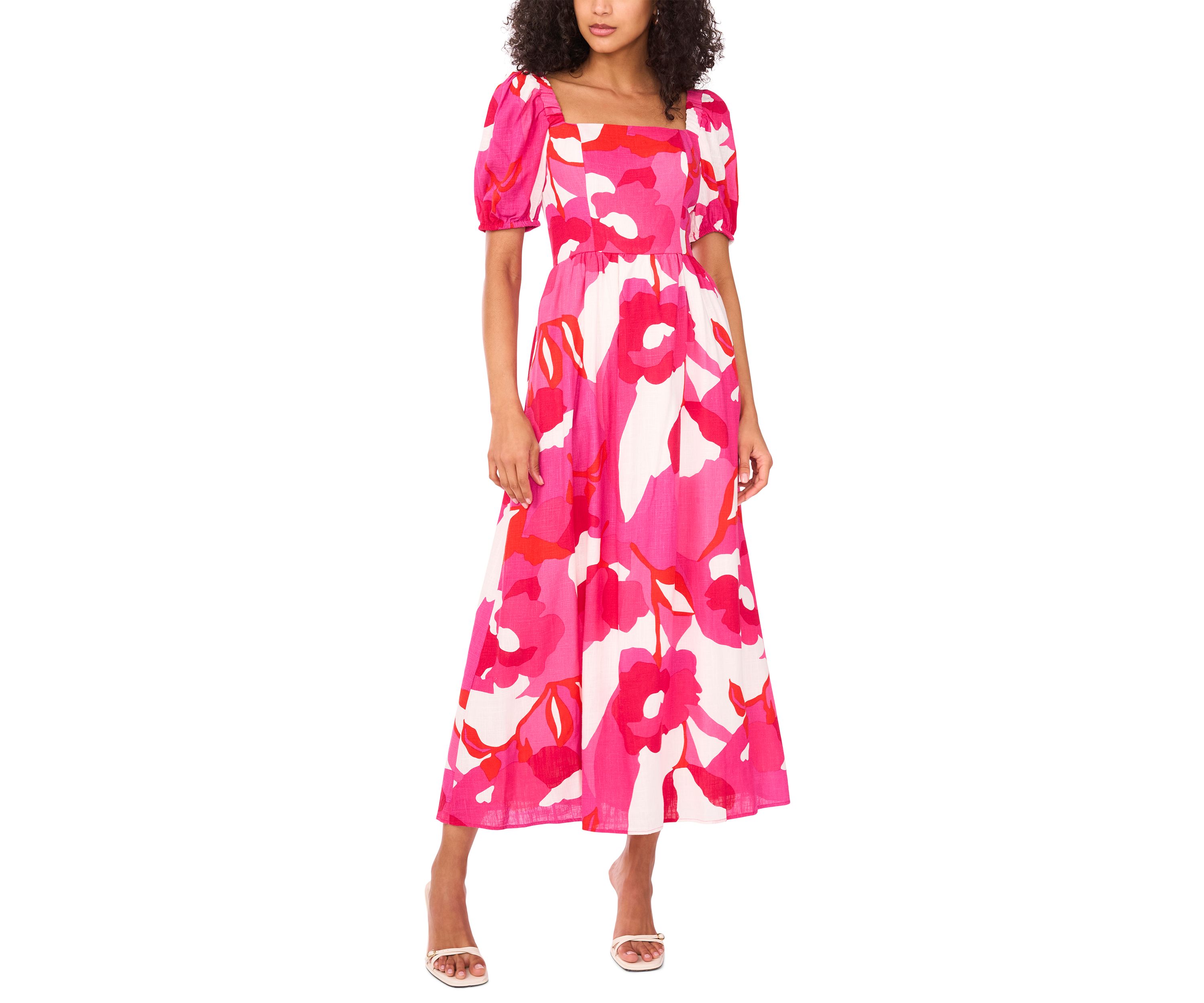 Womens Short Sleeve Square Neck Smocked Floral Print Dress