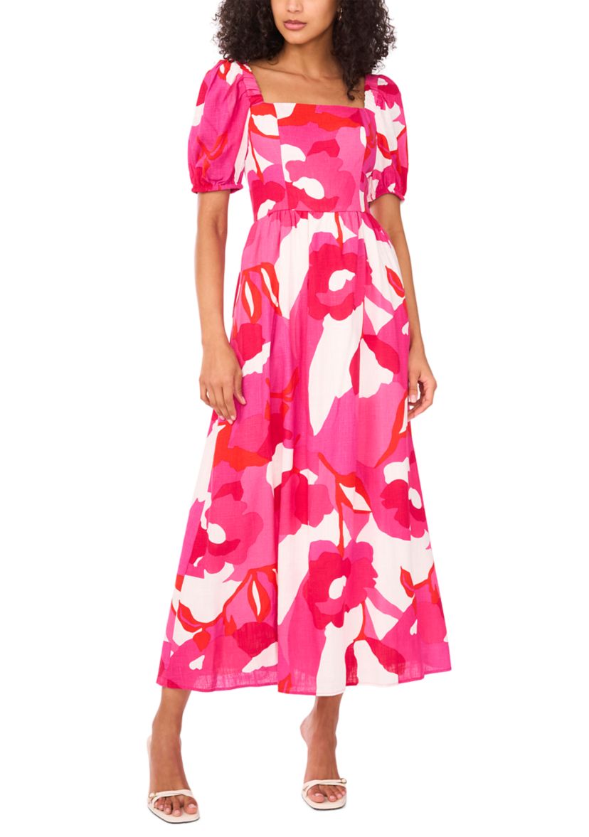 Womens Short Sleeve Square Neck Smocked Floral Print Dress