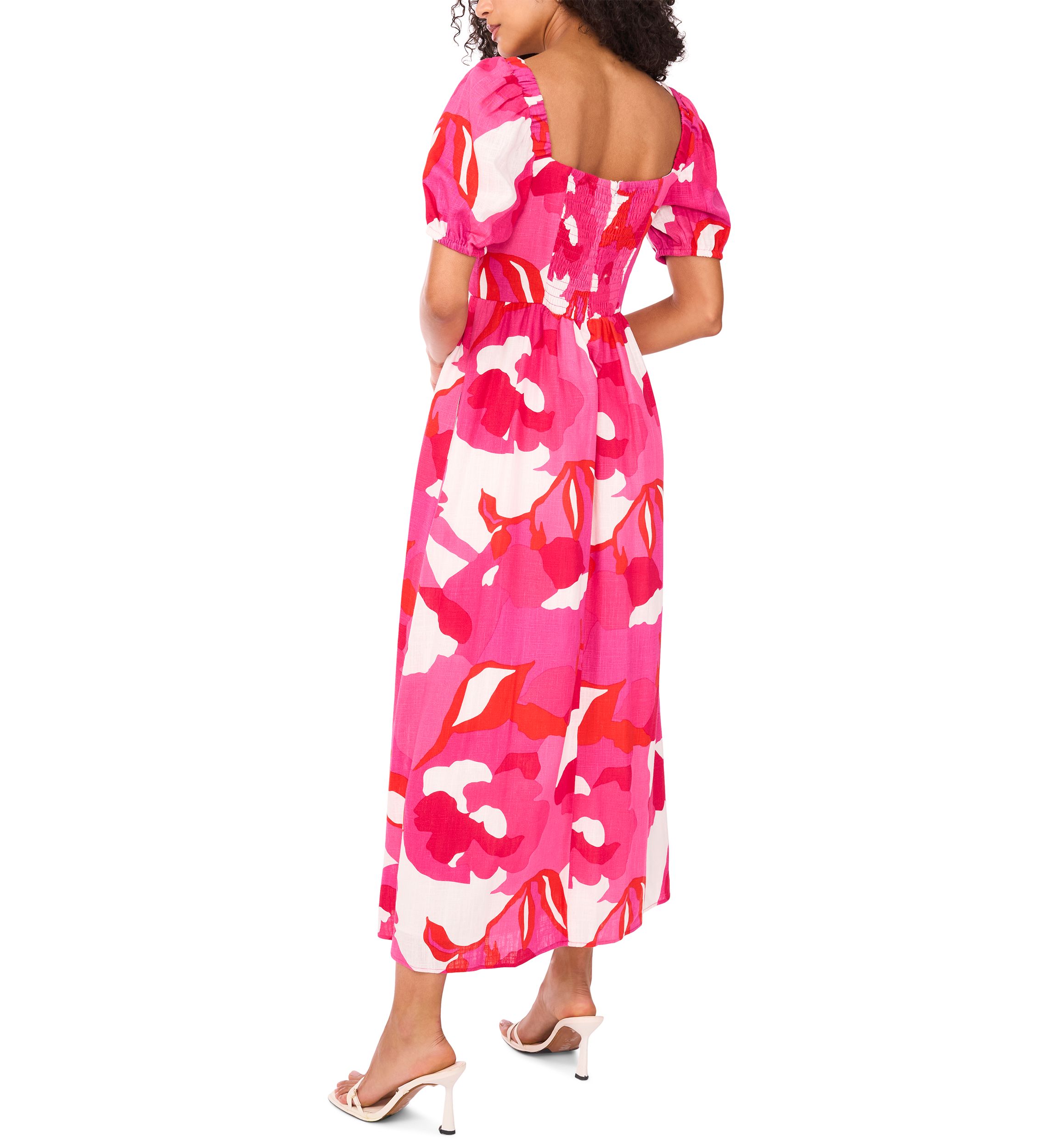 Womens Short Sleeve Square Neck Smocked Floral Print Dress