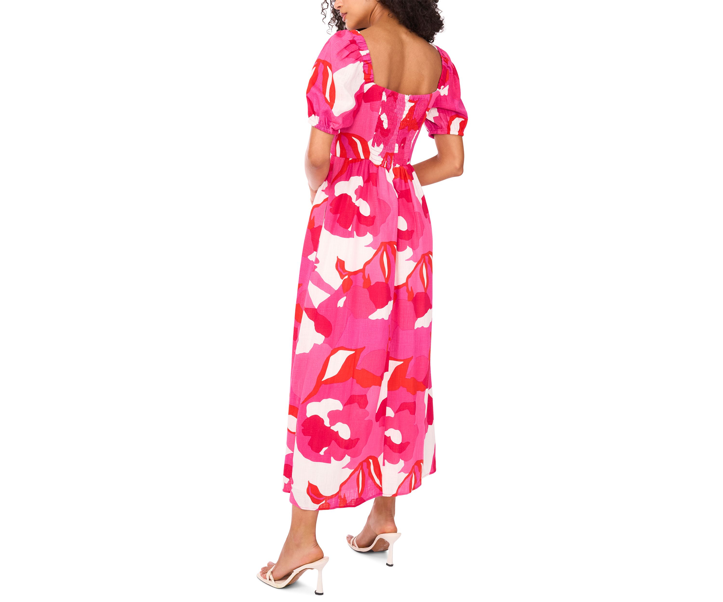 Womens Short Sleeve Square Neck Smocked Floral Print Dress