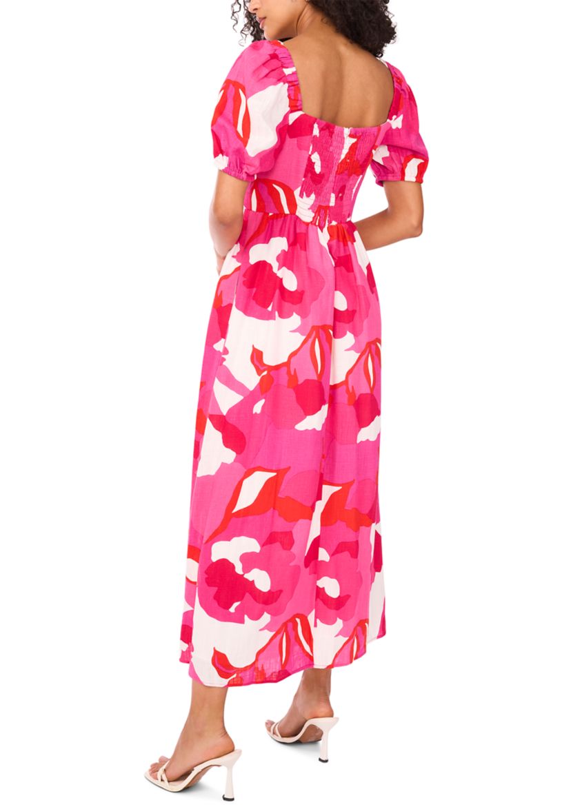 Womens Short Sleeve Square Neck Smocked Floral Print Dress