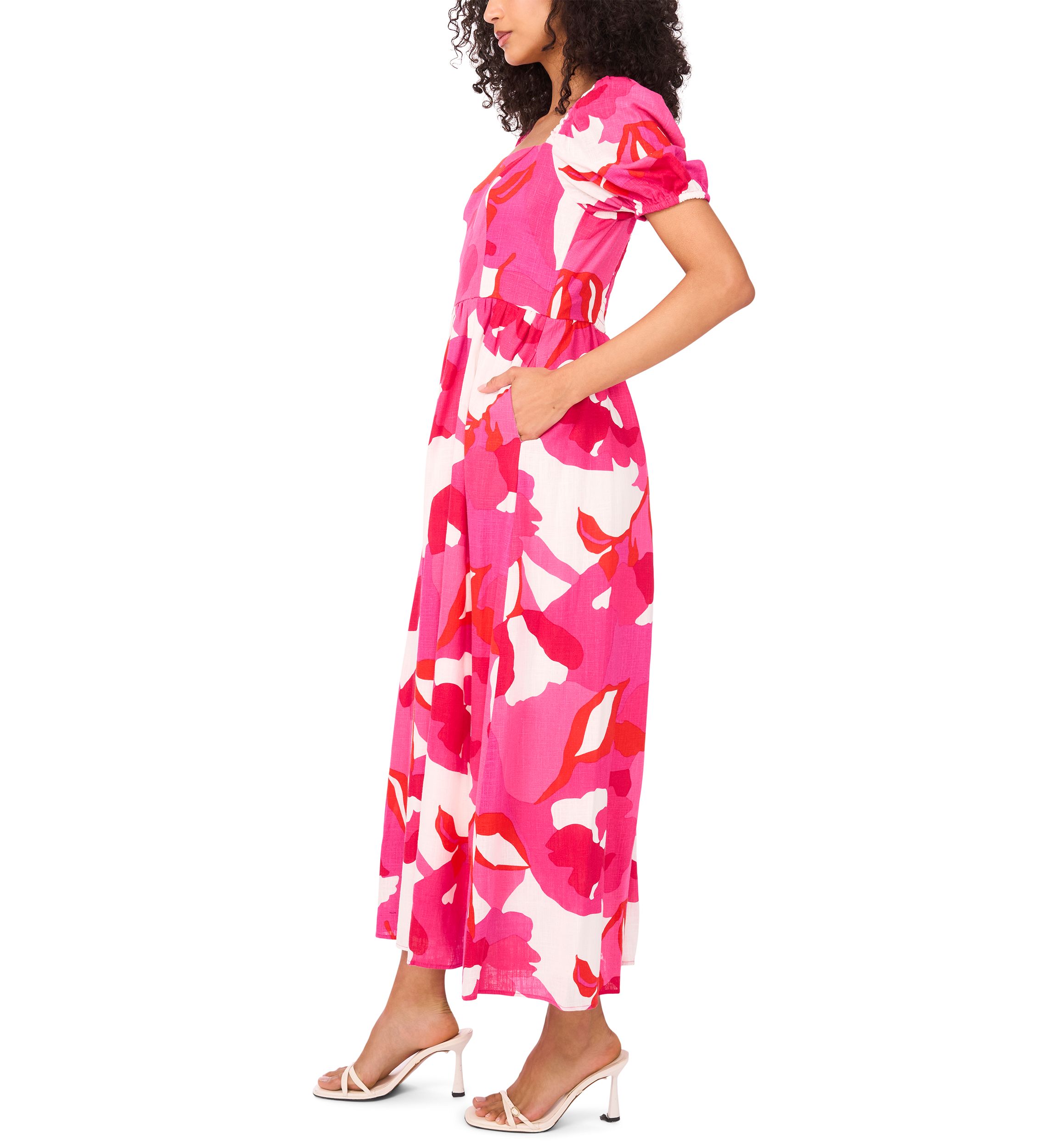 Womens Short Sleeve Square Neck Smocked Floral Print Dress