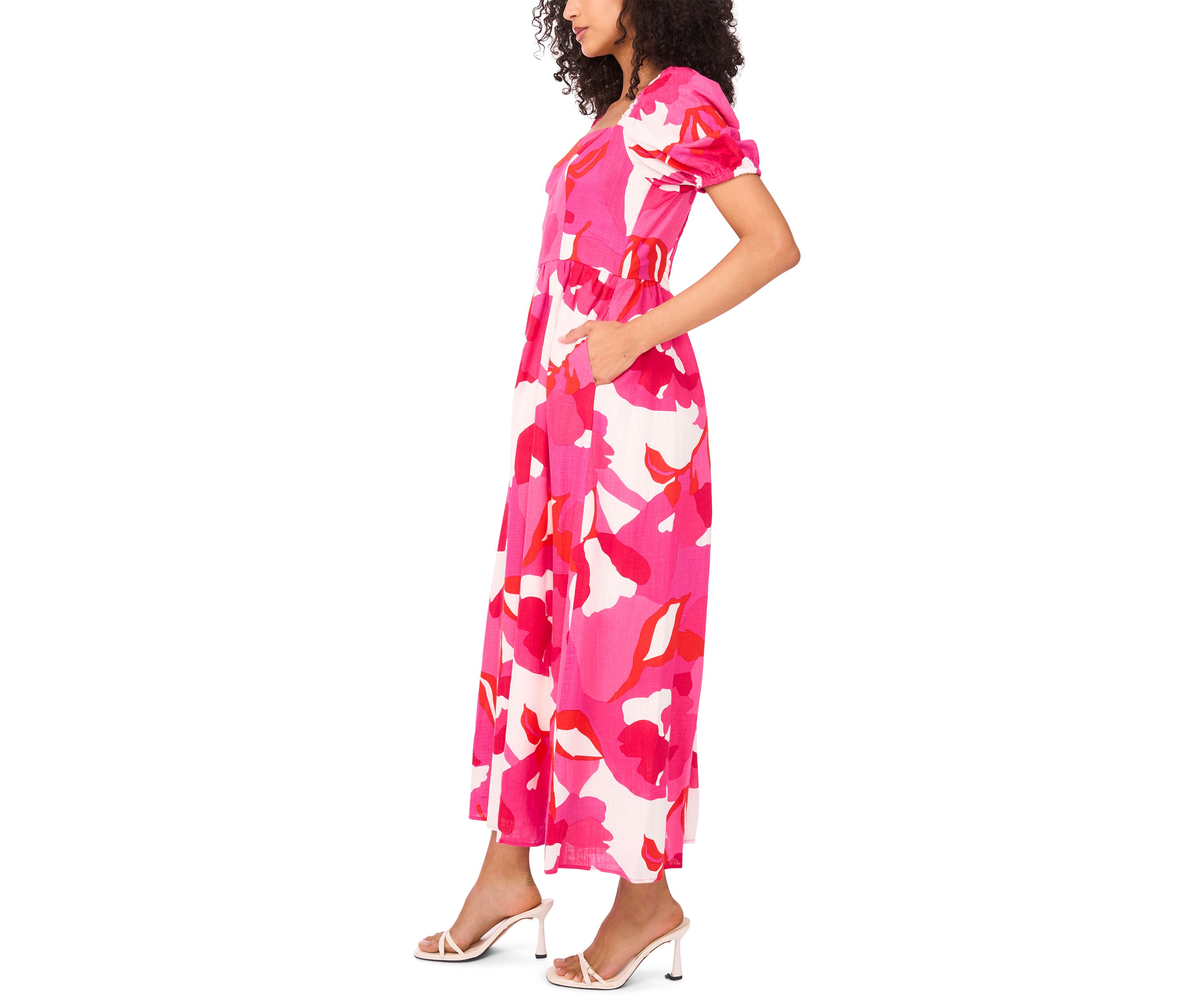 Womens Short Sleeve Square Neck Smocked Floral Print Dress