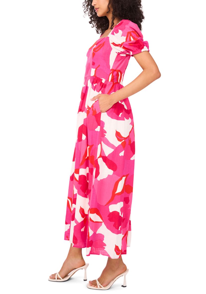 Womens Short Sleeve Square Neck Smocked Floral Print Dress
