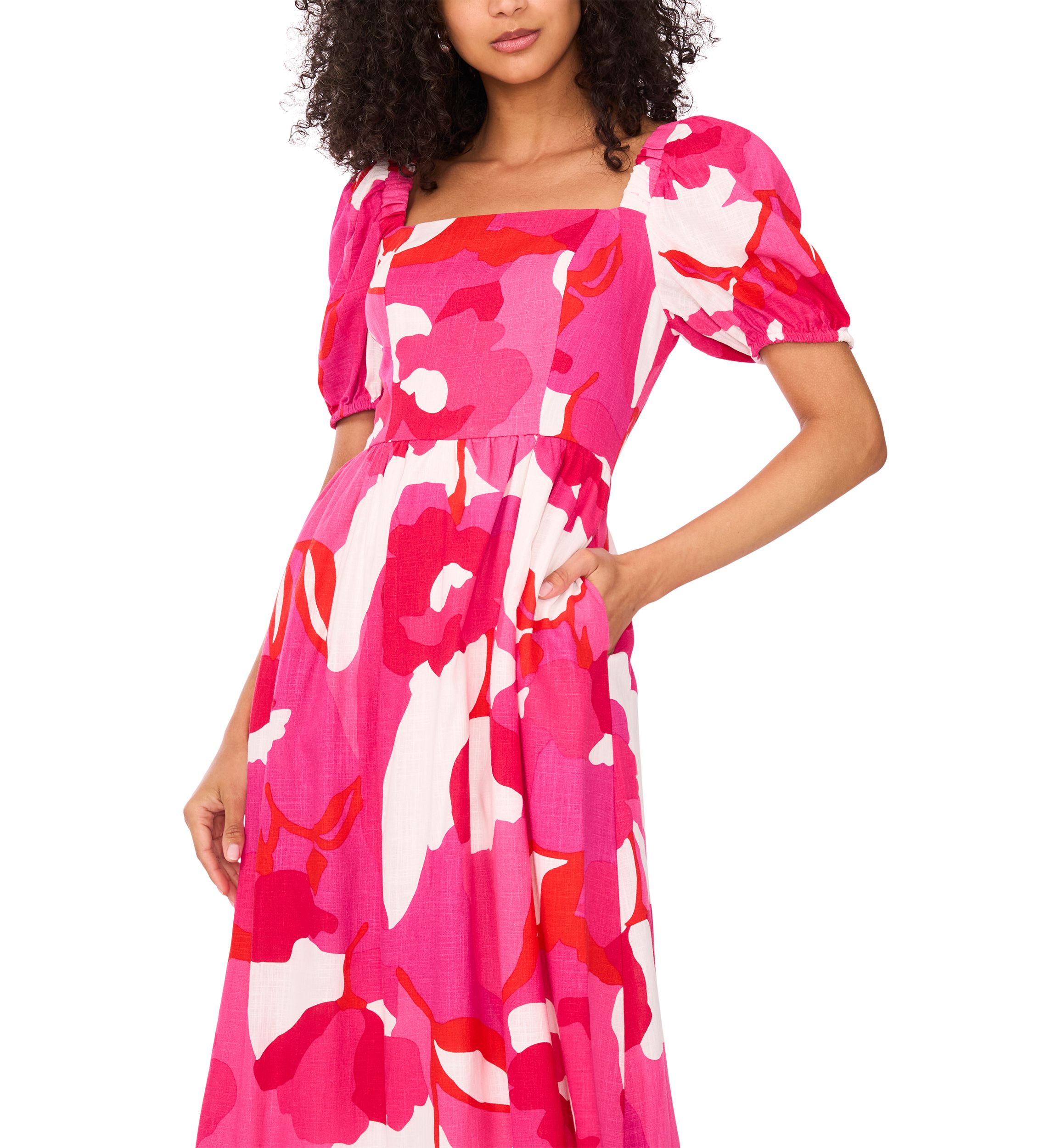 Womens Short Sleeve Square Neck Smocked Floral Print Dress