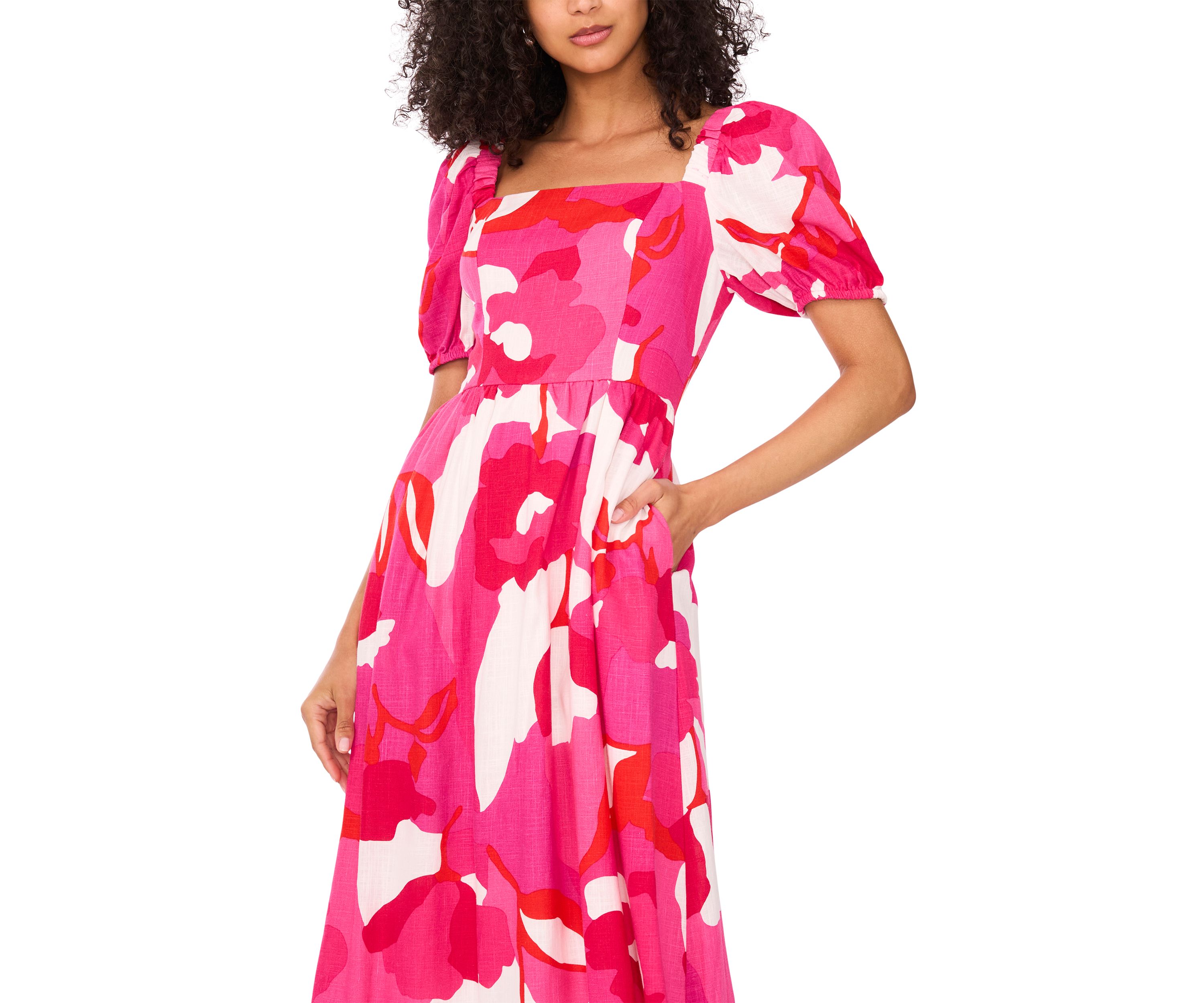 Womens Short Sleeve Square Neck Smocked Floral Print Dress