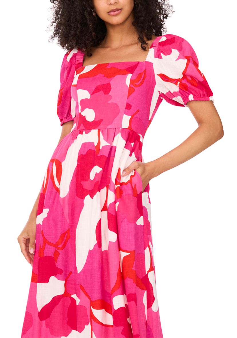 Womens Short Sleeve Square Neck Smocked Floral Print Dress